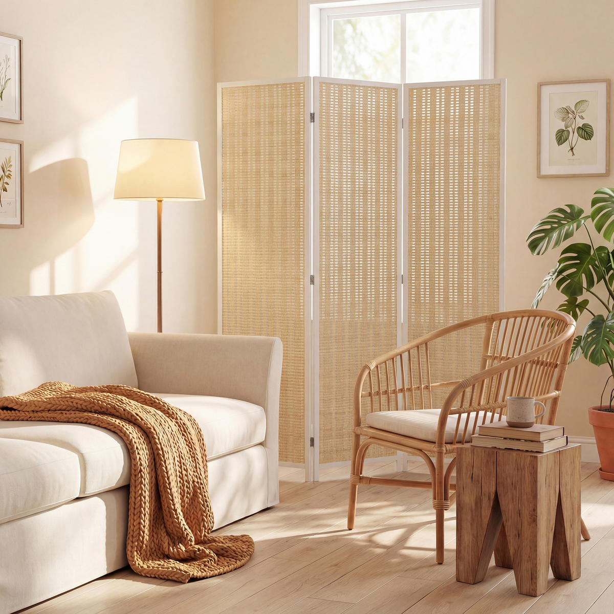 PARAVENT 3-tlg DE-14372 faltbar mit Bambusgeflecht Weiß - Weiß, Naturmaterialen (135/180/1.7cm) - ComfortXL