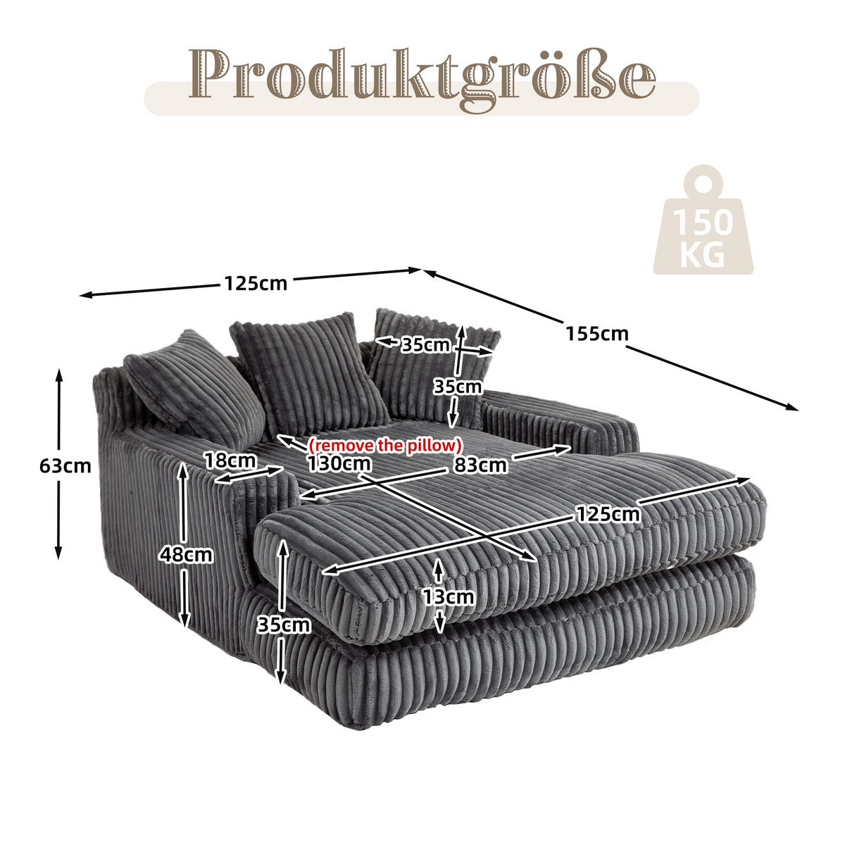 SCHLAFSOFA Relaxliege mit 3 Zierkissen,Lounge Sofa,Polstersofa,Cord,Dunkelgrau - Dunkelgrau, Textil (125/63/155cm) - LVHOM