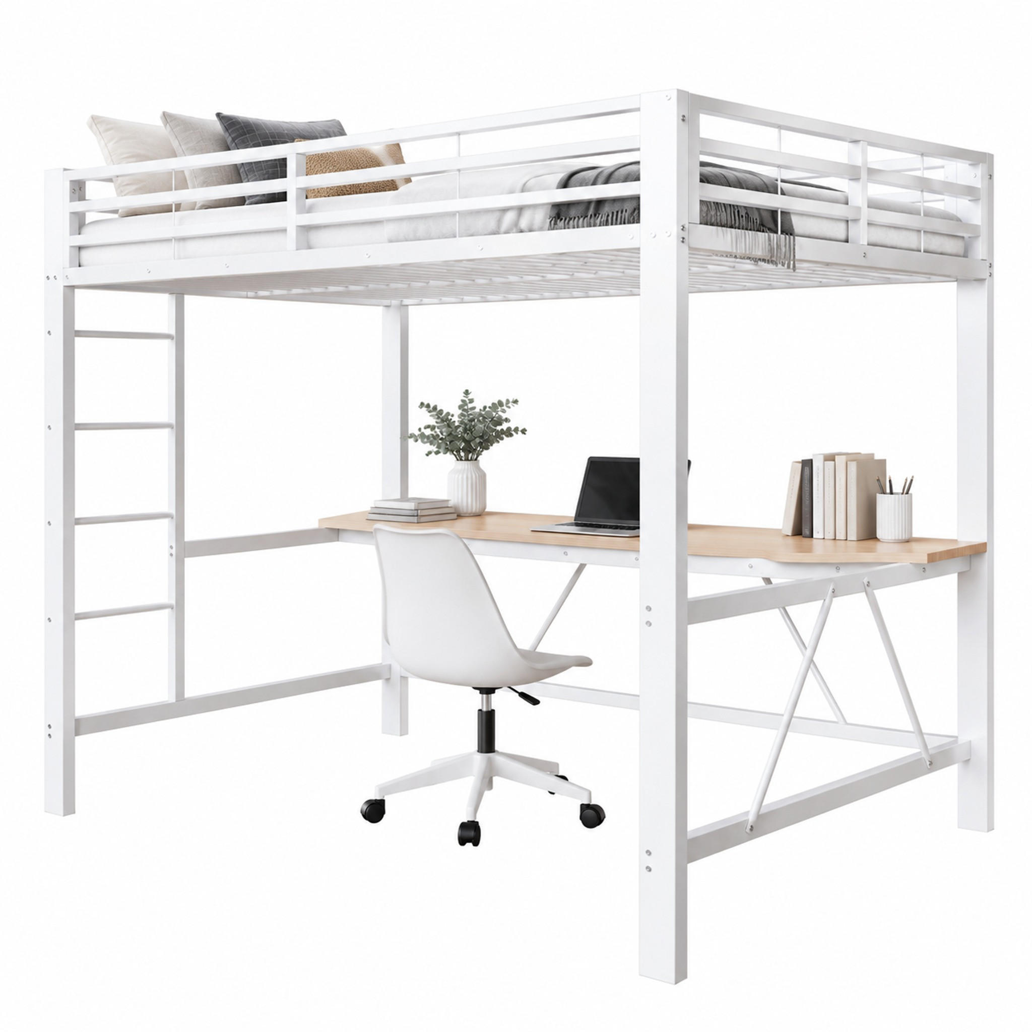 HOCHBETT mit Schreibtisch und LED 140x200 cm Metall/MDF Weiß - Weiß, Metall (140/200cm) - Meubliv