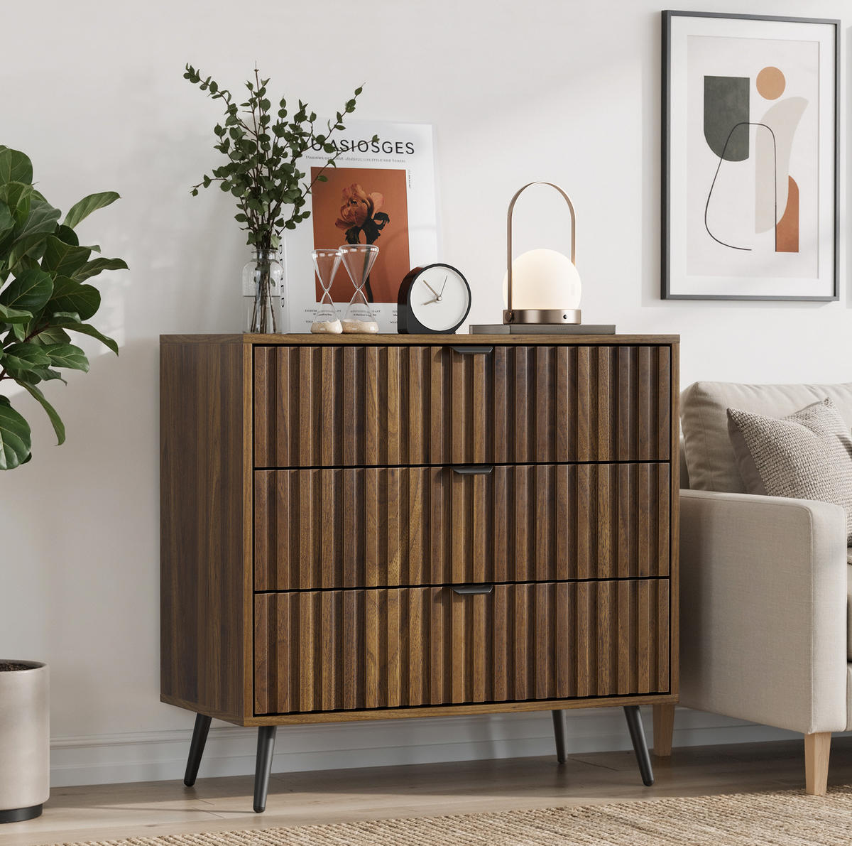 KOMMODE 80/39/78 cm aus MDF mit 3 Schubladen und Metallbeinen Walnuss - Walnussfarben, Holzwerkstoff (80/78/38cm) - Modenvie