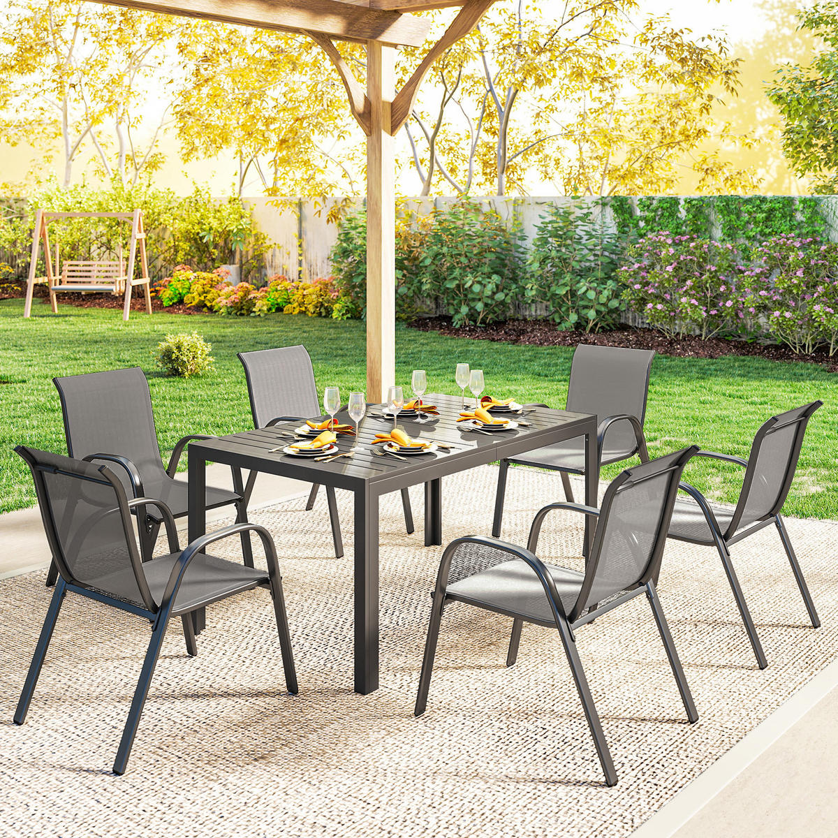 OUTDOOR-ESSGRUPPE 7er Set Stahl Hellgrau - Hellgrau/Schwarz, Textil/Metall - Outsunny