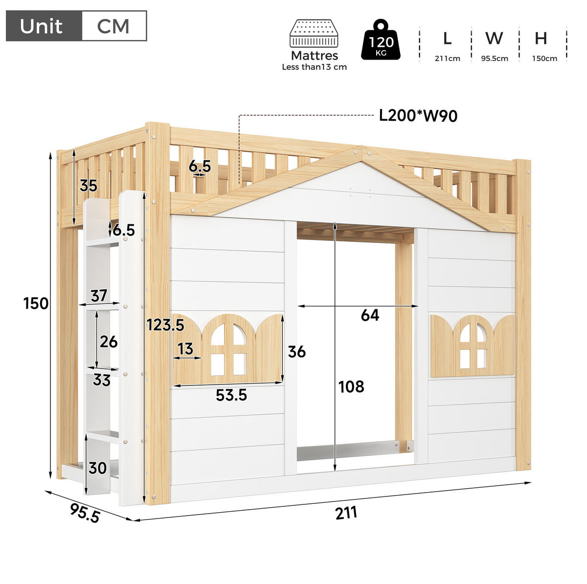 ETAGENBETT 90x200 cm in Weiß mit Fenster und beidseitig montierbarer Leiter - Weiß, Holz (90/200cm) - IVMEU