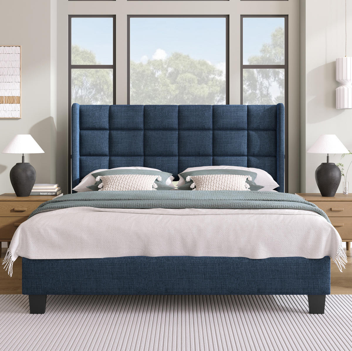 POLSTERBETT aus Leinen 140x200 cm Blau mit Lattenrost und gepolstertem Kopfteil - Blau, Textil (140/200cm) - IVMEU