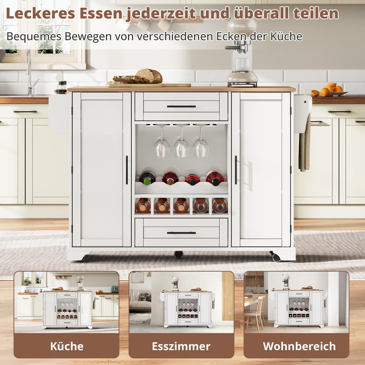 KÜCHENINSEL 138/45(70)/92 cm mit klappbarer Arbeitsplatte, Weinregal, Glashalter und Rollen, Weiß/Natur - Weiß, Holzwerkstoff (138/92/70cm) - Redom
