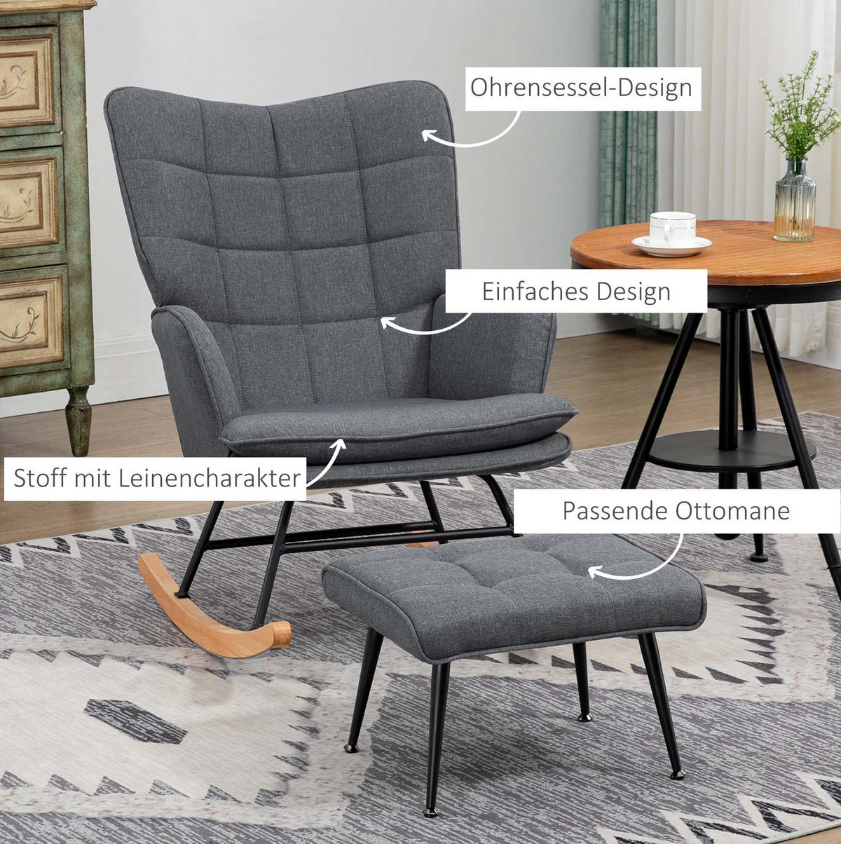 SCHAUKELSTUHL 64/89/90 cm mit Hocker und Polsterung, bis 130 kg belastbar - Grau, Textil (89/90/64cm) - BEAOK