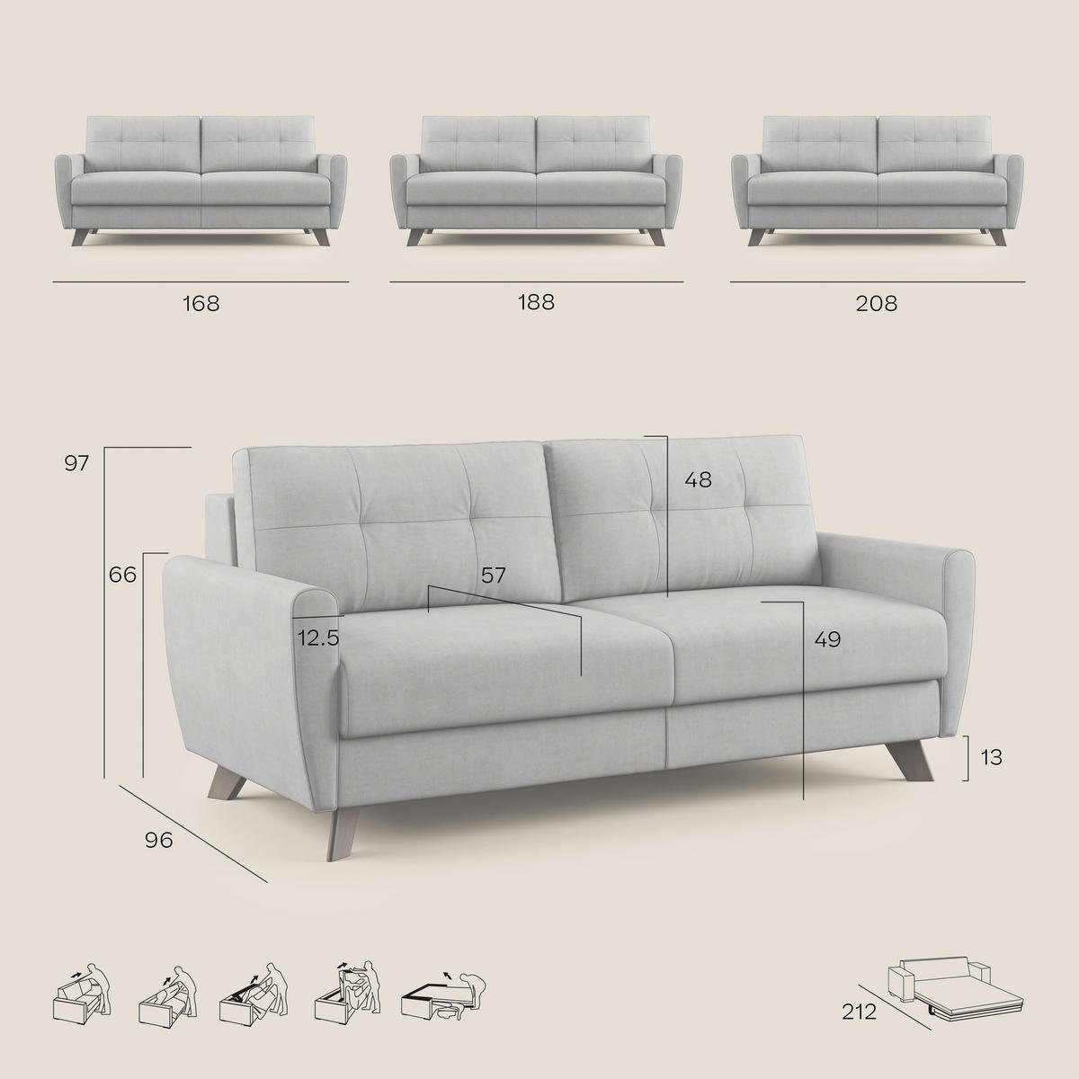 SCHLAFSOFA Callisto - Creme, Textil (208/97/96cm) - Divani.store