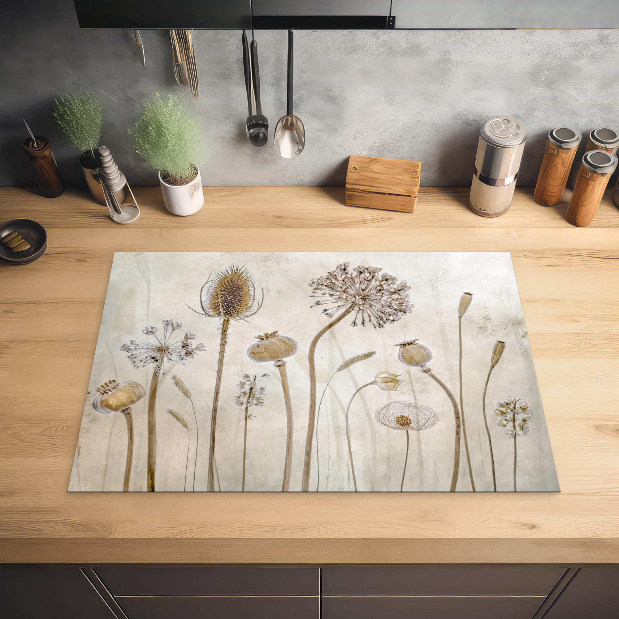 HERDABDECKPLATTE Blumen - Aquarell - Stilleben - Braun - Vintage 75x52 cm - Sandfarben, Kunststoff (75/0.2/52cm) - MuchoWow