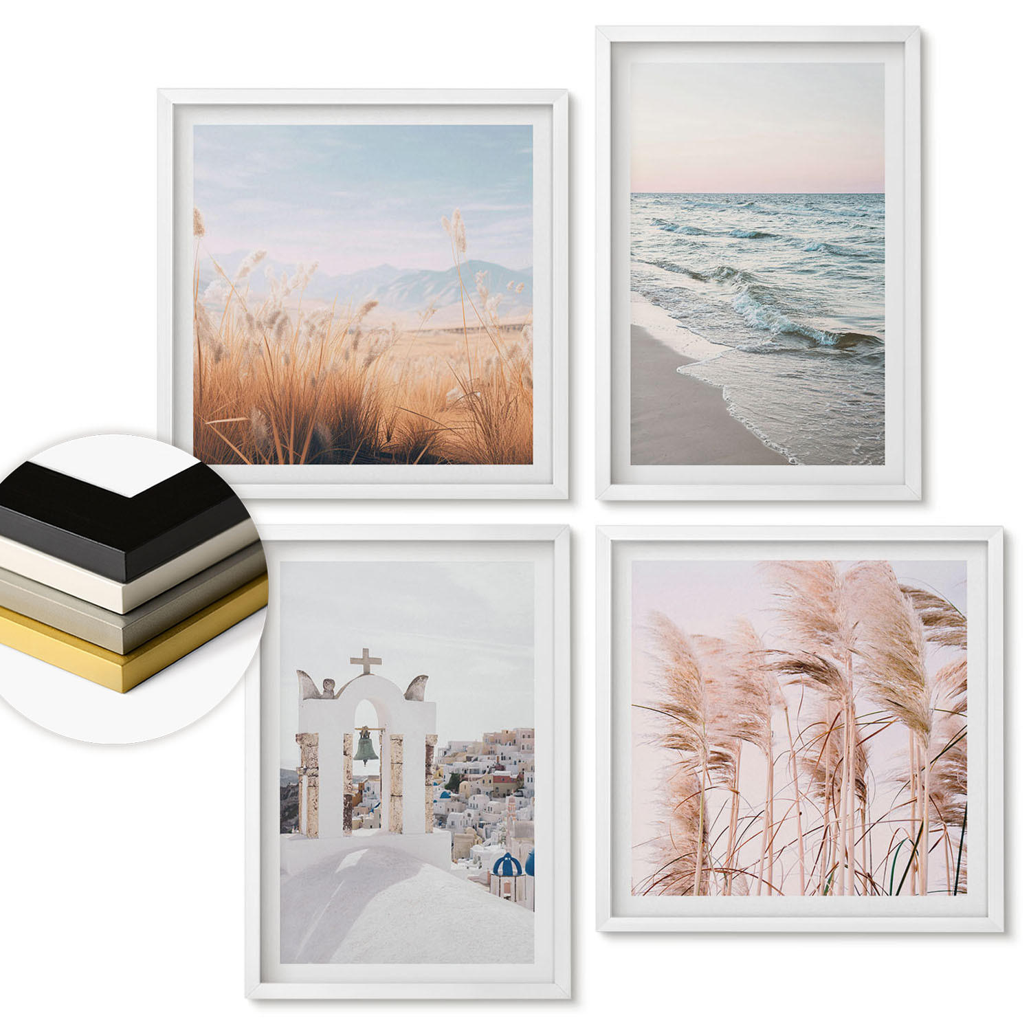 WANDBILDER 4er-Set - 50x50 cm & 40x60 cm Weißer Rahmen - Pflanzen, Meereswellen, Aussicht, Häuser - Weiß, Kunststoff (50/50cm) - ArtPrintCave
