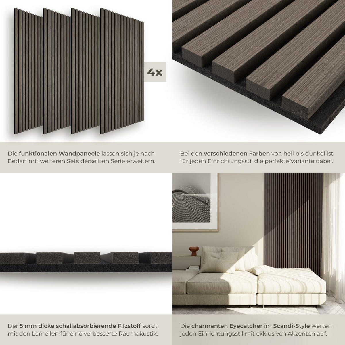 AKUSTIKPANEELE 4er Set Sonic Wall Iv, je 110 x 50 x 1,1 cm, Größe flexibel anpassbar, Eiche grau - Grau/Silbereichenfarben, Holz (50/1.1/110cm) - tectake