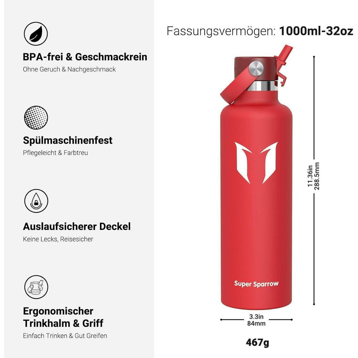 TRINKFLASCHE Edelstahl 1000 ml C- Lava - Rot, Metall (8.5/8.5cm)
