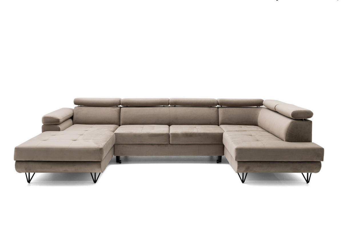 ECKSOFA U-Form JUNIOR U Rechts mit Schlaffunktion 128x254 Velours Beige - Beige/Schwarz, Holz/Textil (184/90/323cm) - Muffo