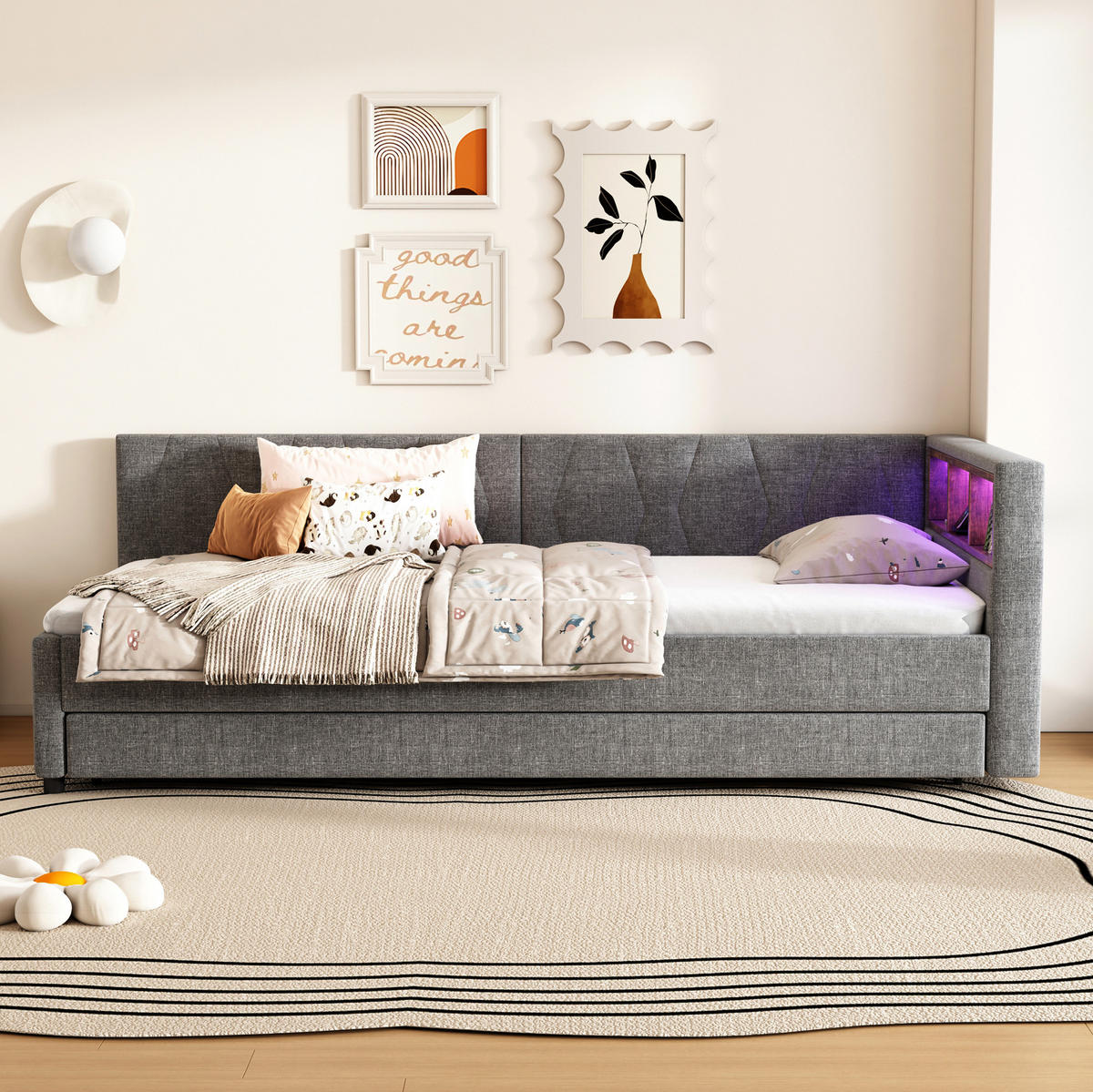 DAYBETT 90/200 cm Grau mit Ablagefach und LED-Beleuchtung aus Leinen - Grau, Textil (90/200cm) - OKWISH