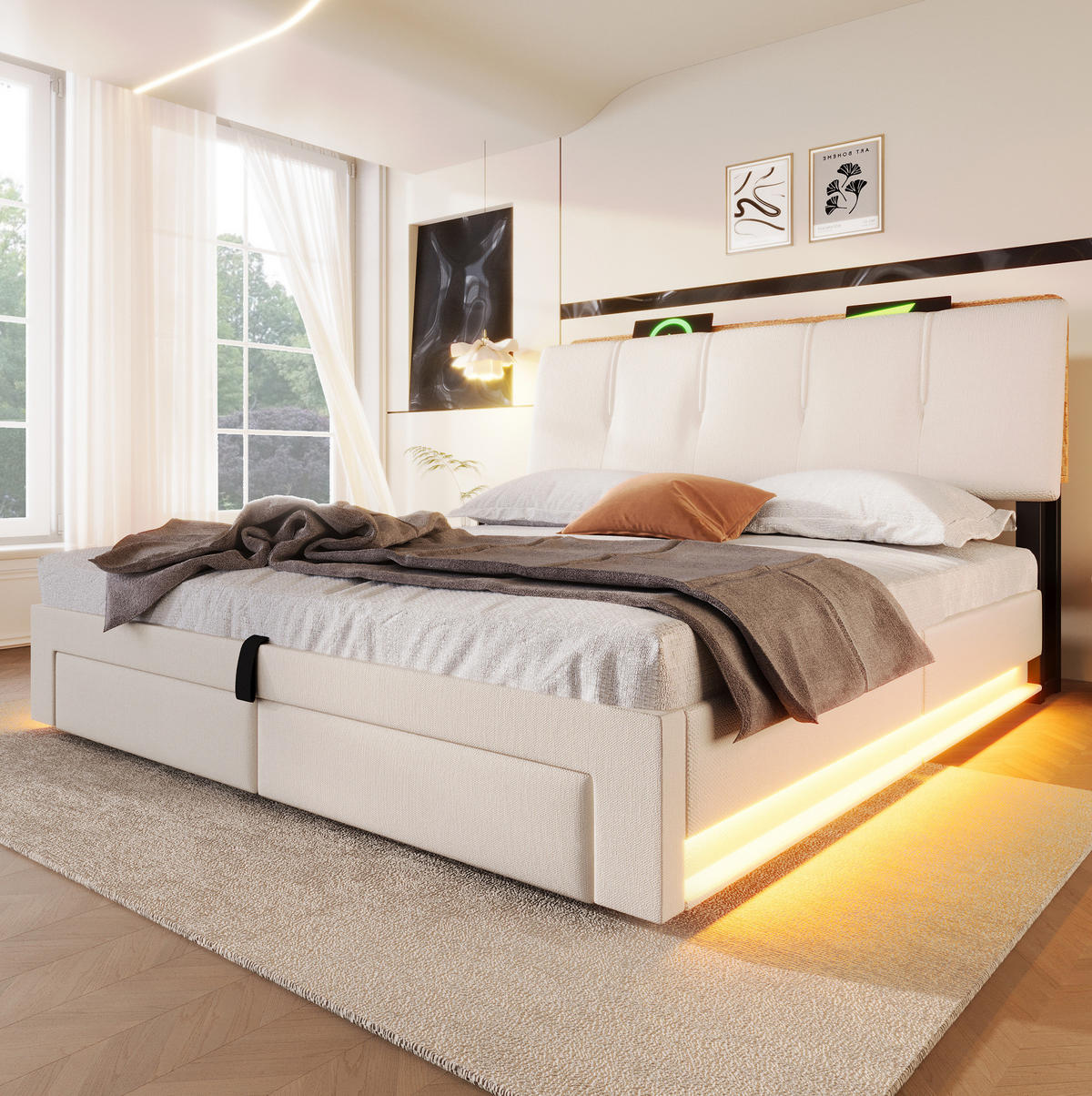 POLSTERBETT mit Stauraum & USB 140x200 cm Leinen Beige - Beige, Metall (140/200cm) - Meubliv