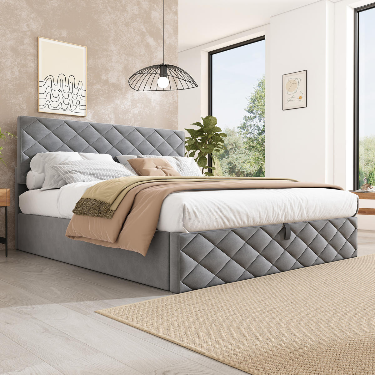 POLSTERBETT 140/200 cm grau aus Samt mit Stauraum - Grau, Textil (140/200cm) - OKMYHOME