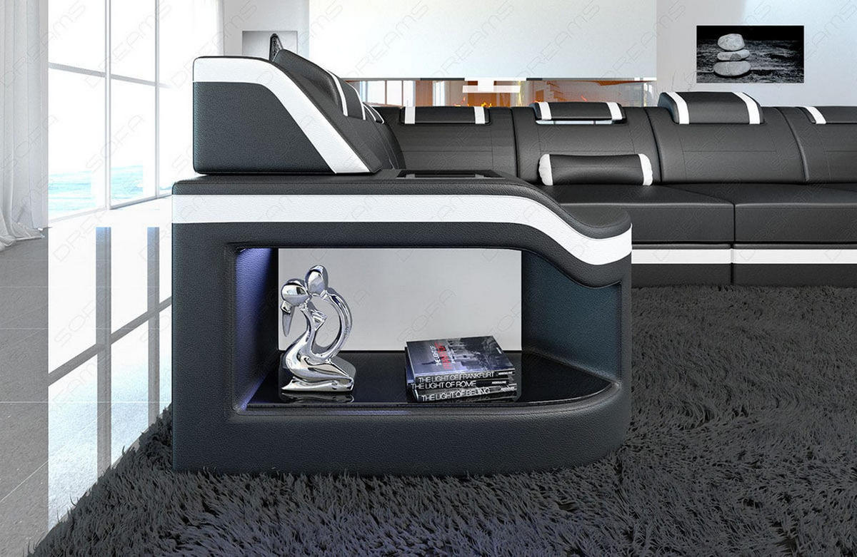 WOHNLANDSCHAFT Sofa Padua U Schwarz Weiß Echtleder - Schwarz, Leder (308/80/185cm)