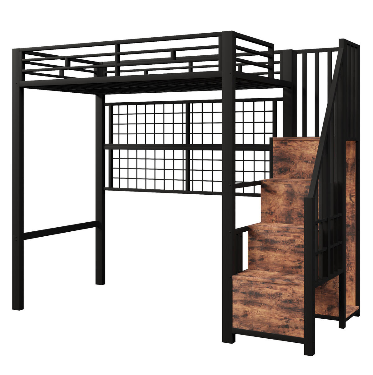 HOCHBETT 90/200 cm in Schwarz – mit Stauraumleiter, Kleiderschrank und LED - Schwarz, Metall (90/200cm) - BEAOK