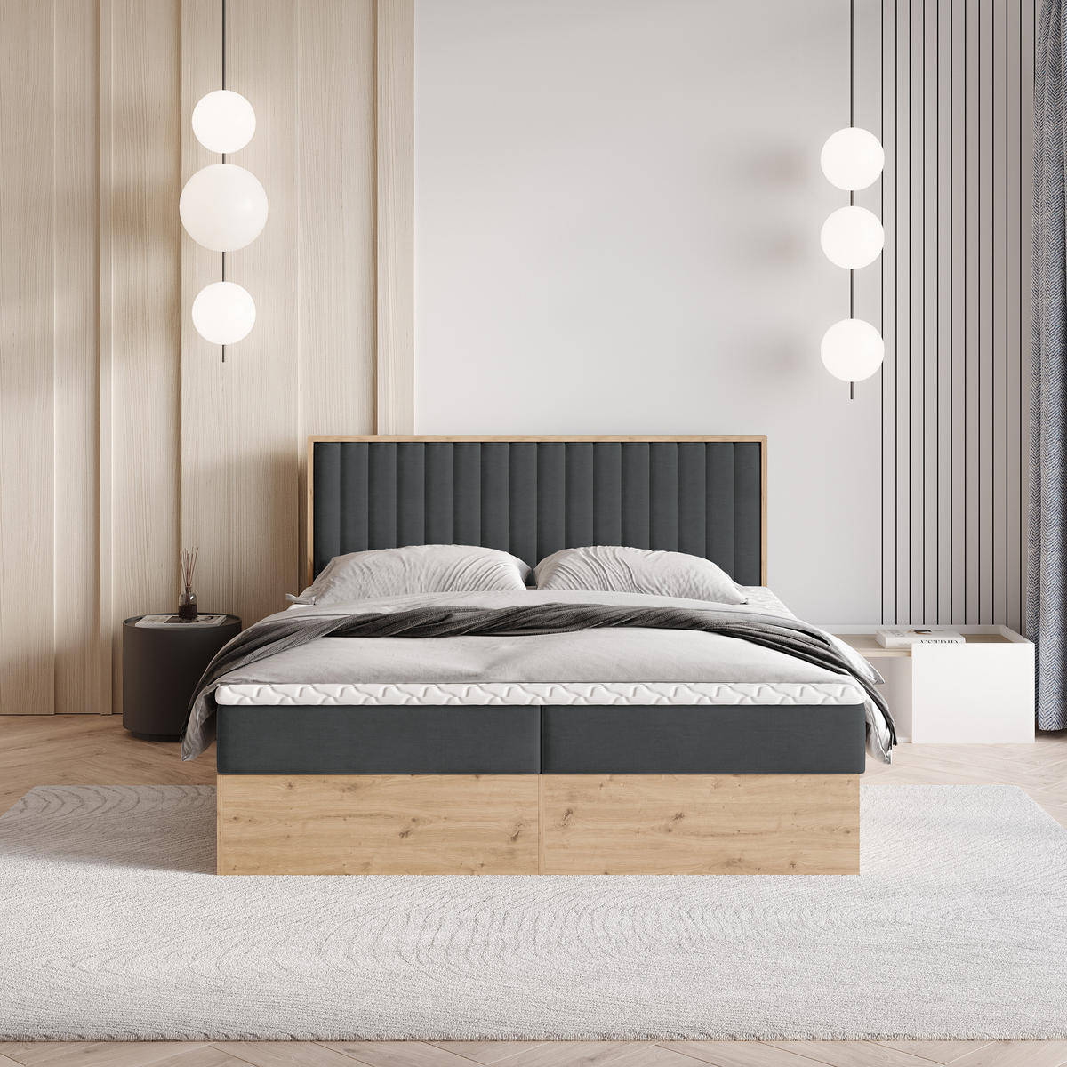 BOXBETT VARELI 160x200 cm mit Matratze und Topper - Graphitfarben - Graphitfarben, Holz (160/200cm) - MASSENO