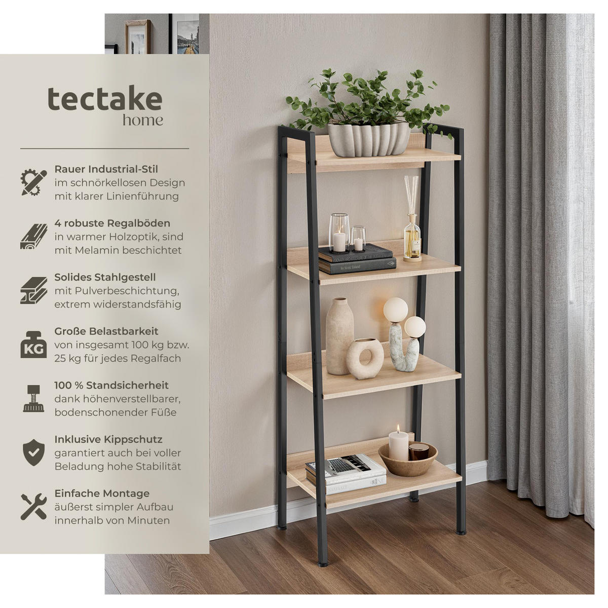 LEITERREGAL Chatham,inklusive Kippschutz, 57,5 x 34 x 138 cm,Industrial Holz hell, Eiche Sonoma - Naturfarben, Holzwerkstoff (34/138/57.5cm) - tectake