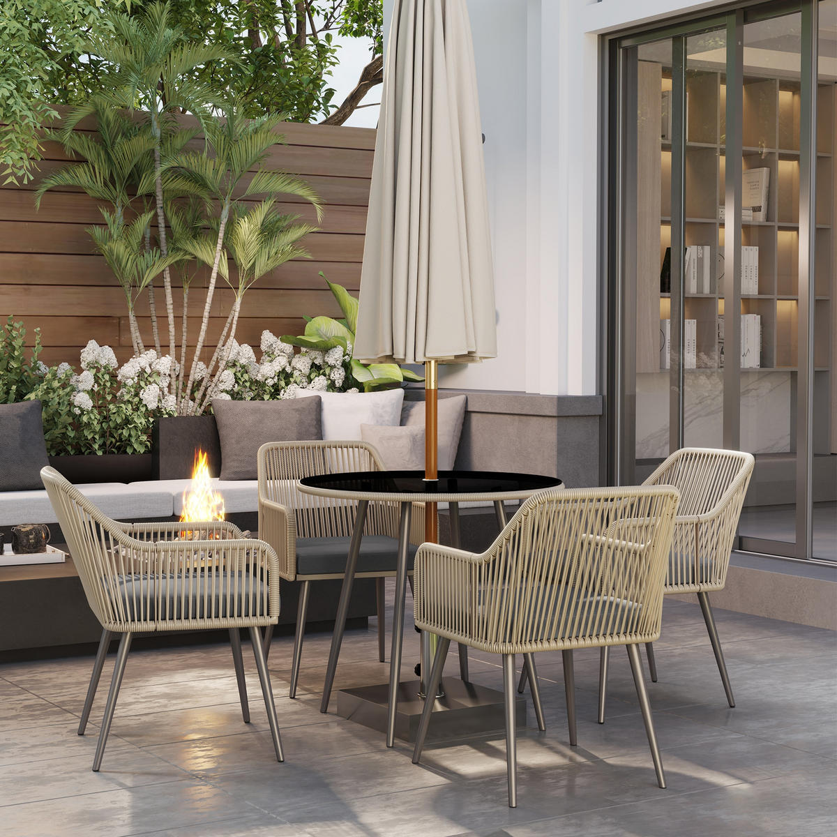 GARTENSET DE-13607 5-teilig mit Glastisch & Kissen Braun - Braun, Metall - ComfortXL