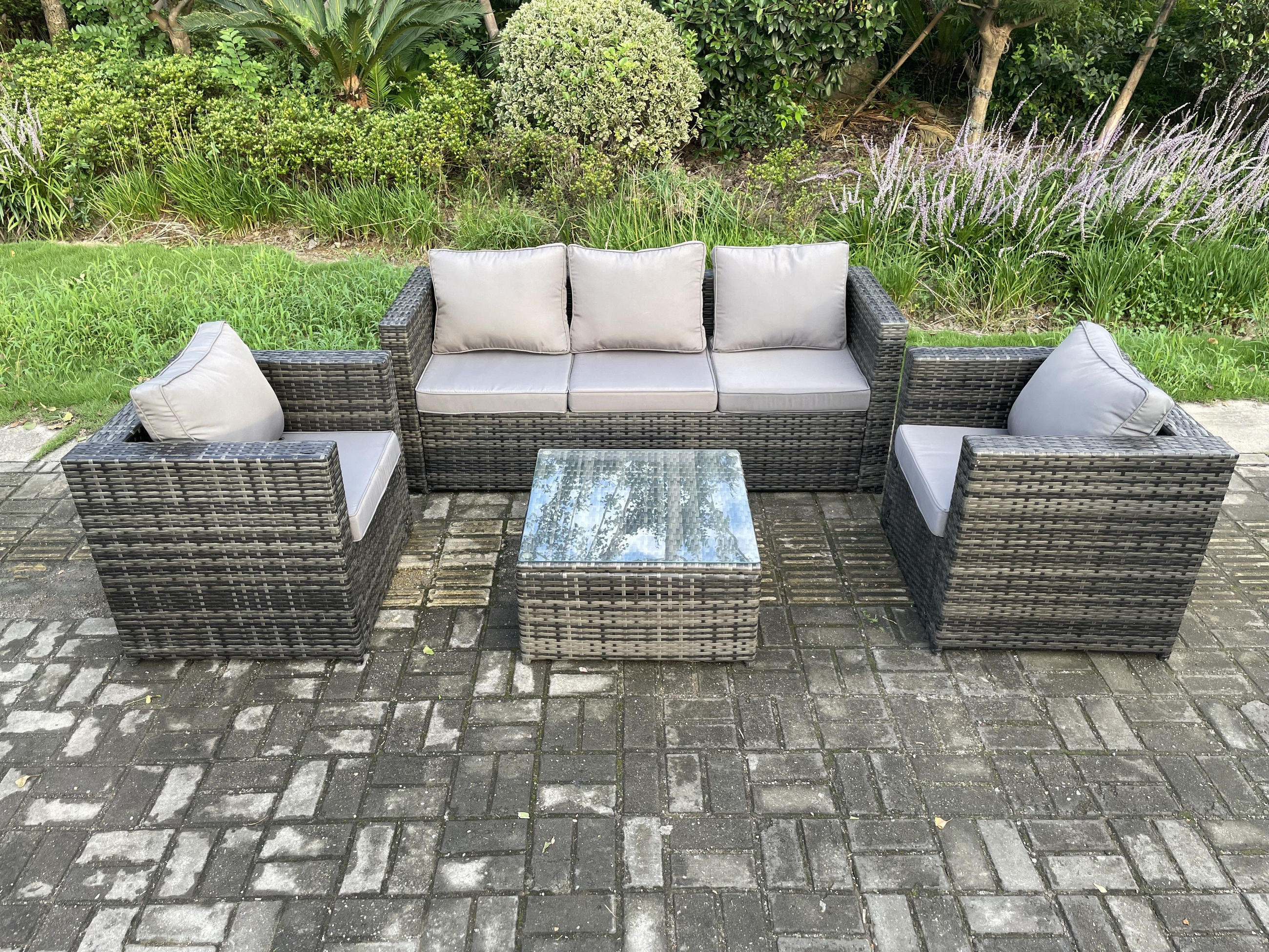 GARTENSET mit Couchtisch Polyrattan 5-Sitzer - Dunkelgrau, Metall - Fimous