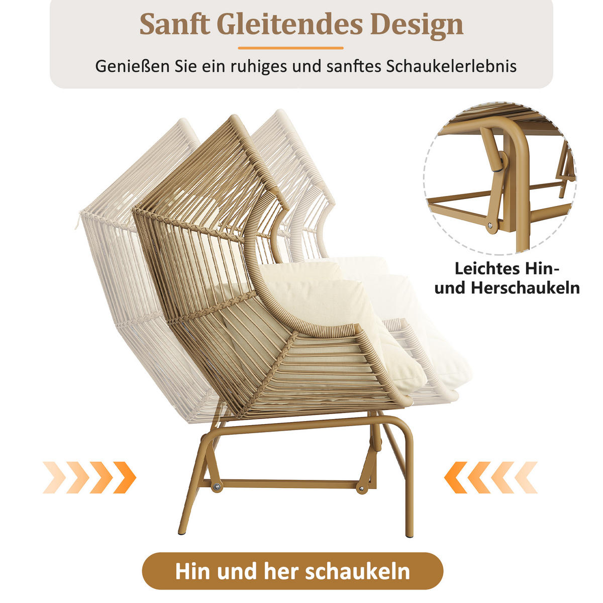GARTENSCHAUKEL 145 cm Natur PE-Rattan 2-Sitzer Schaukelstuhl mit Kissen & Metallgestell für Balkon und Terrasse - Naturfarben, Metall (145/143/85cm) - Urban Meuble