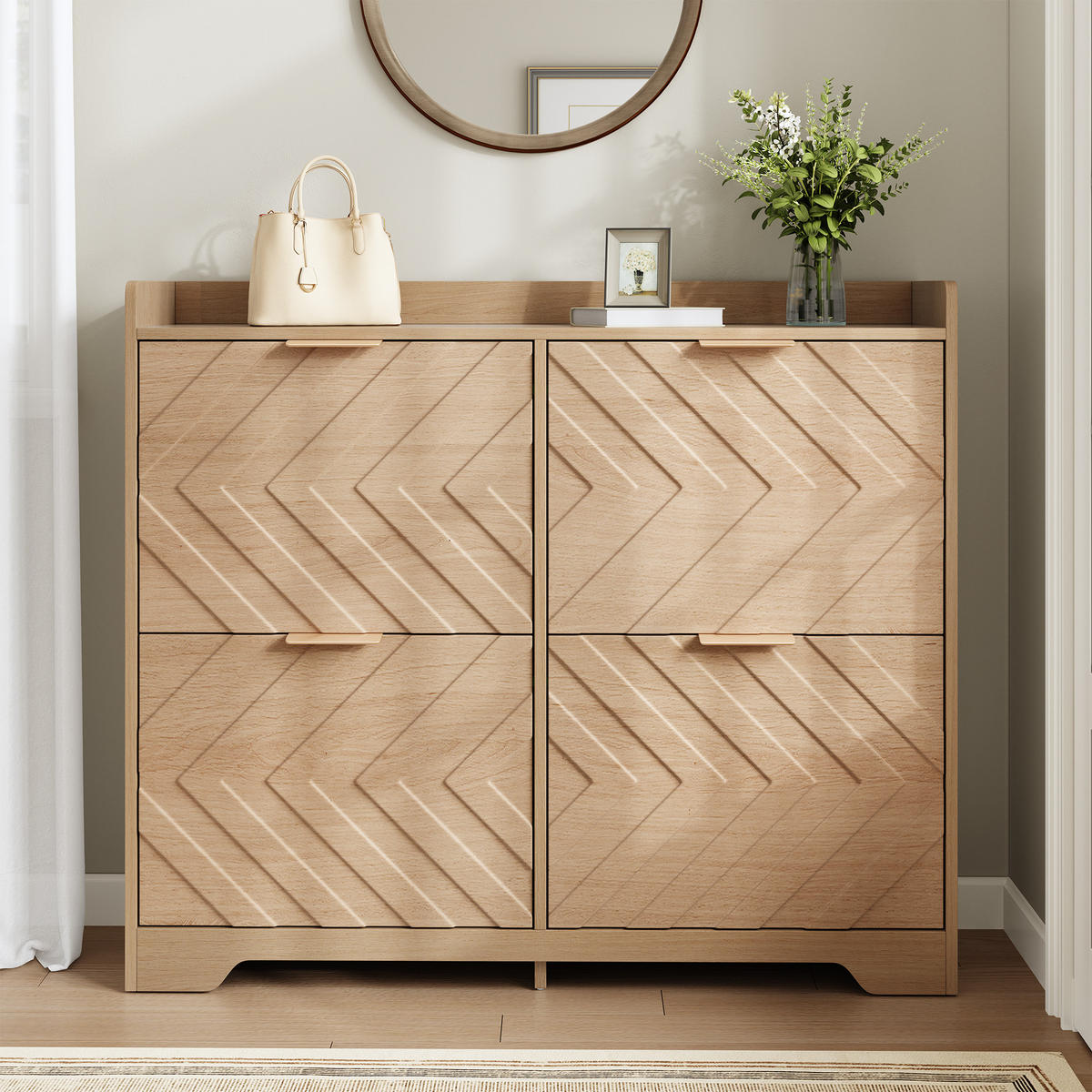 SCHUHSCHRANK 4 Klappen 3D Front mit Ablage - Naturfarben, Holz (105/90/24cm) - LEBENLANG