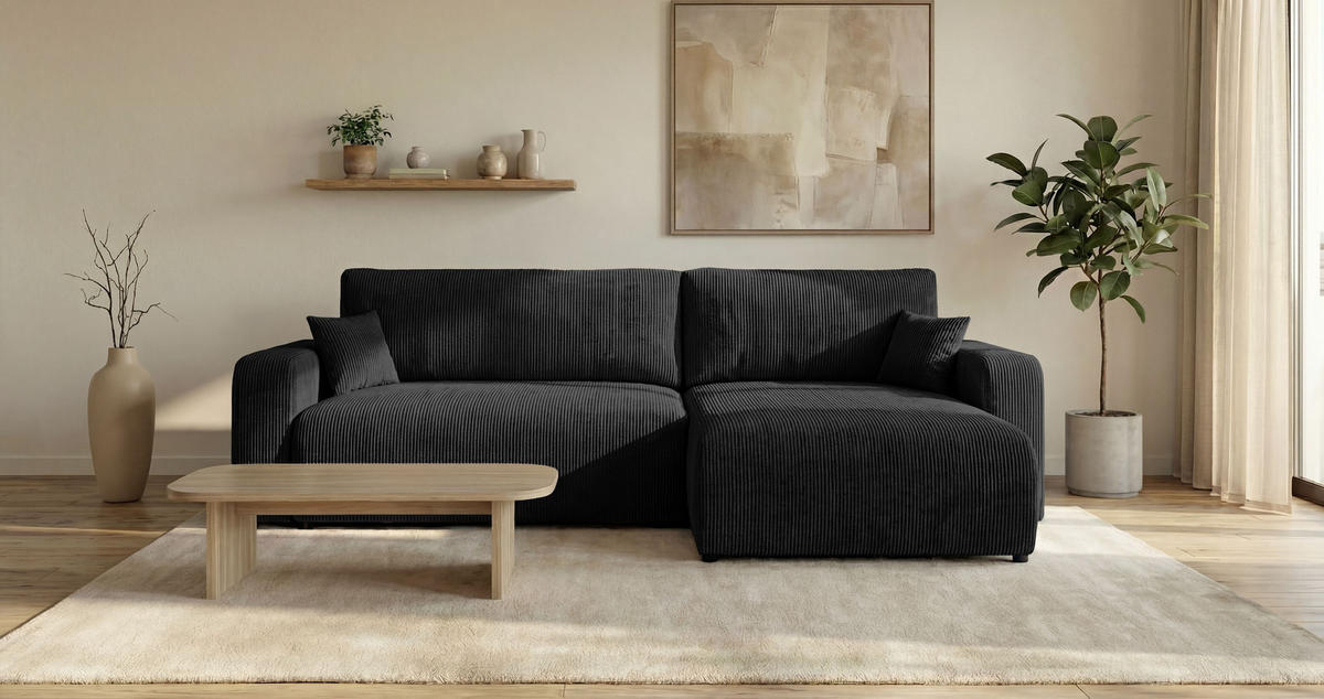 ECKSOFA BERLIN rechts schwarz Cord Poso 135 - Schlaffunktion, Bettkasten - Schwarz, Textil (285/184cm) - Cornero