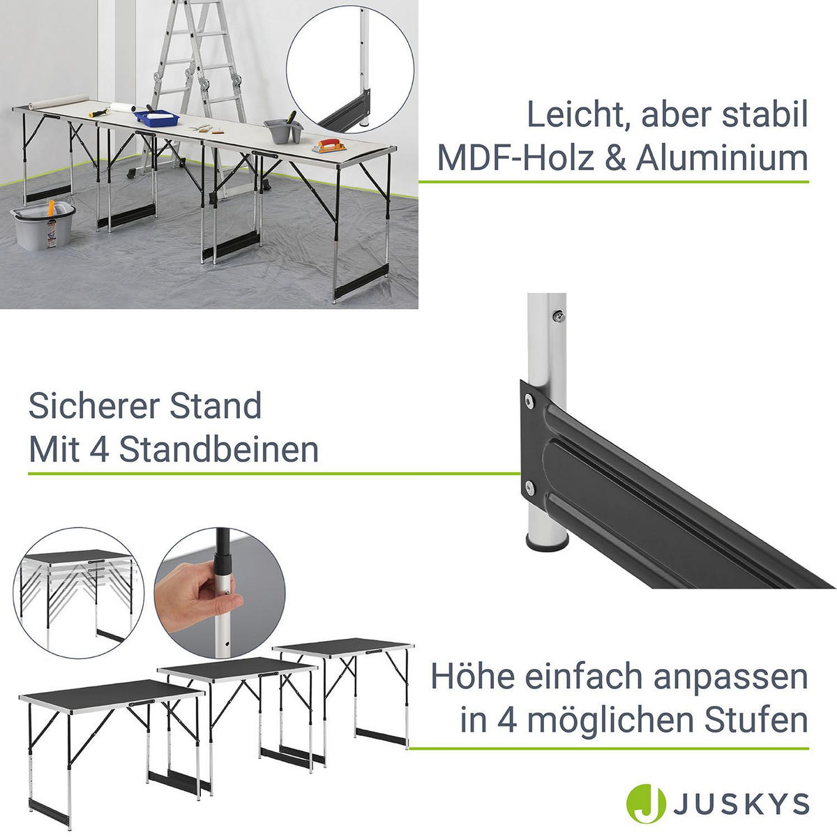 MULTIFUNKTIONSTISCH höhenverstellbar 3er-Set - Schwarz, Holz (100/60/73cm) - Juskys