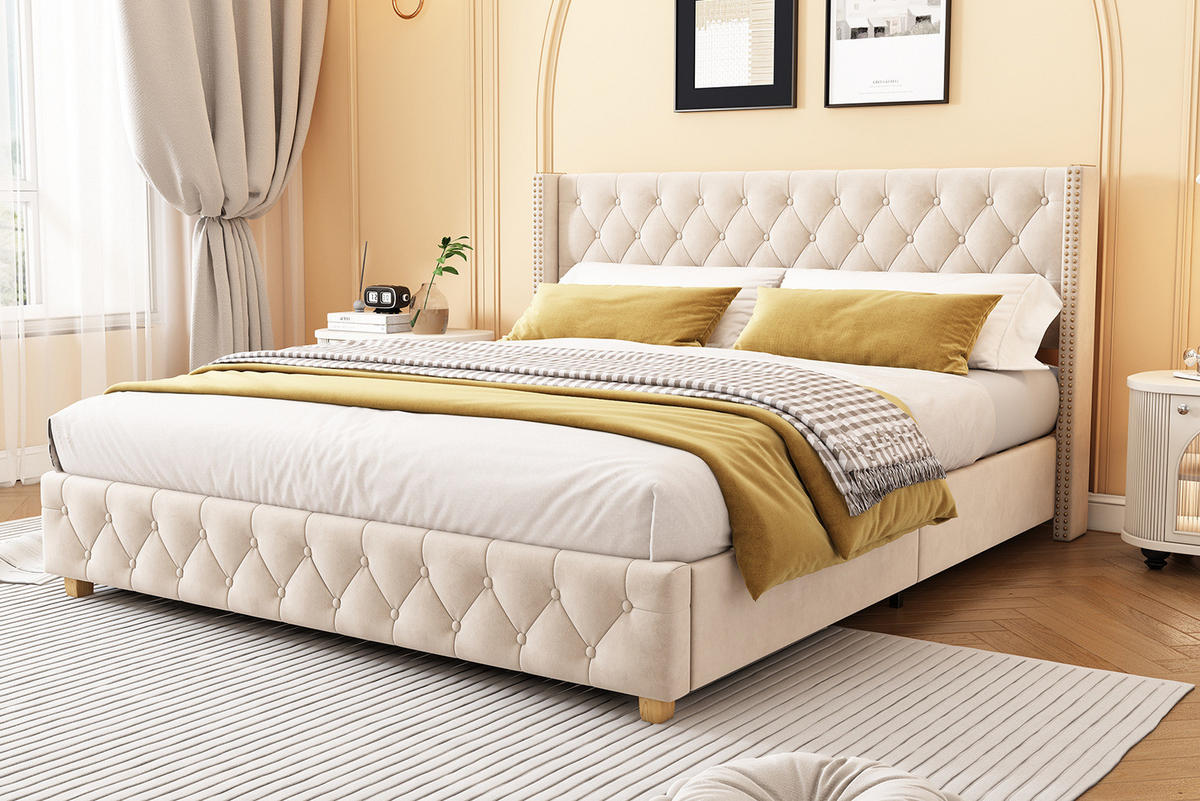 POLSTERBETT 180/200 cm hellbeige aus Samt mit Lattenrost - Beige, Textil (180/200cm) - OKMYHOME