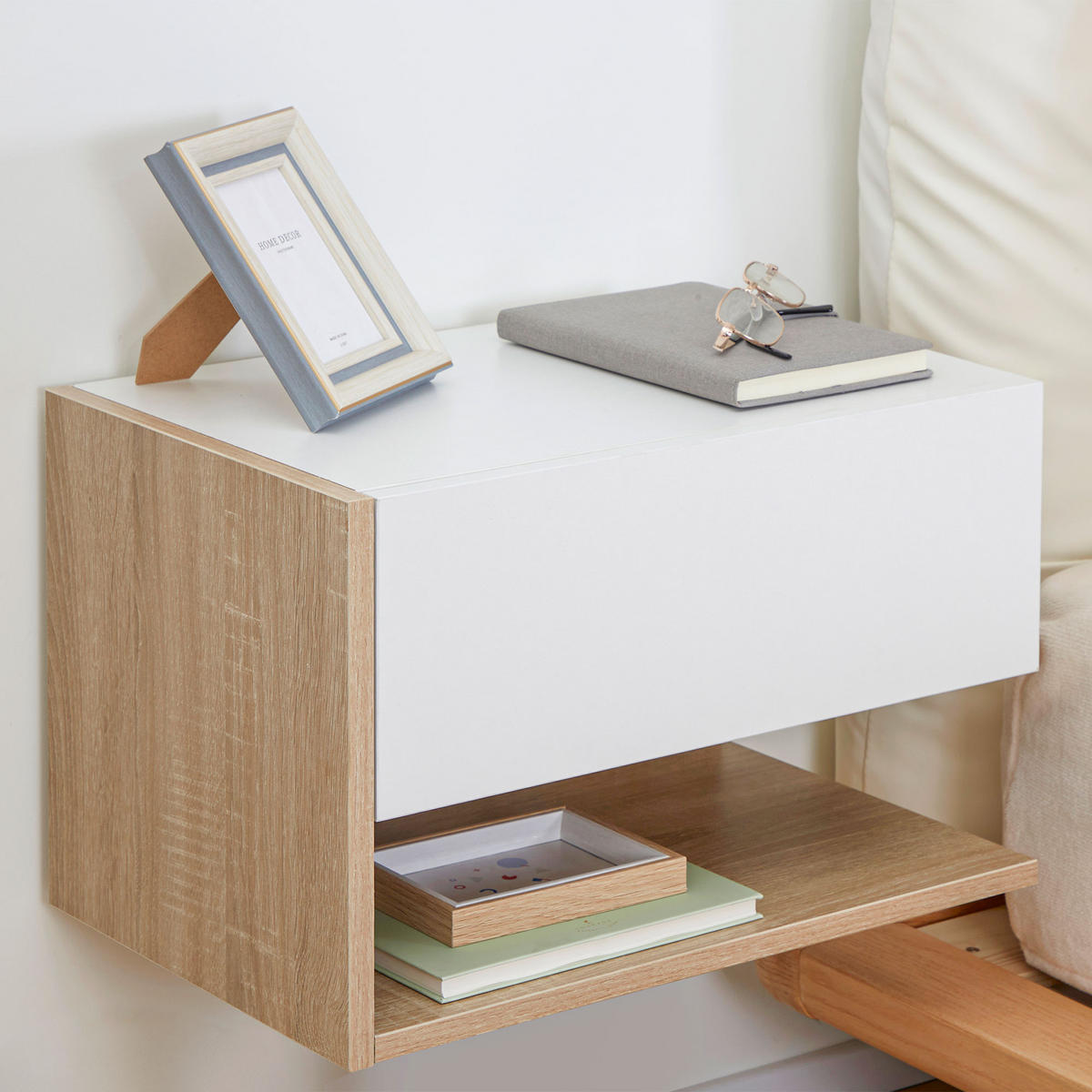 NACHTSCHRANK 2er-Set DE-12807 Schublade und offenes Fach Weiß/Eiche hell - Weiß, Holzwerkstoff (30/30/46cm) - ComfortXL