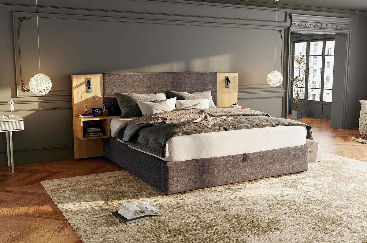 POLSTERBETT 180/200 cm Grau/Natur aus Samt mit Stauraum - Grau, Textil (180/200cm) - OKMYHOME