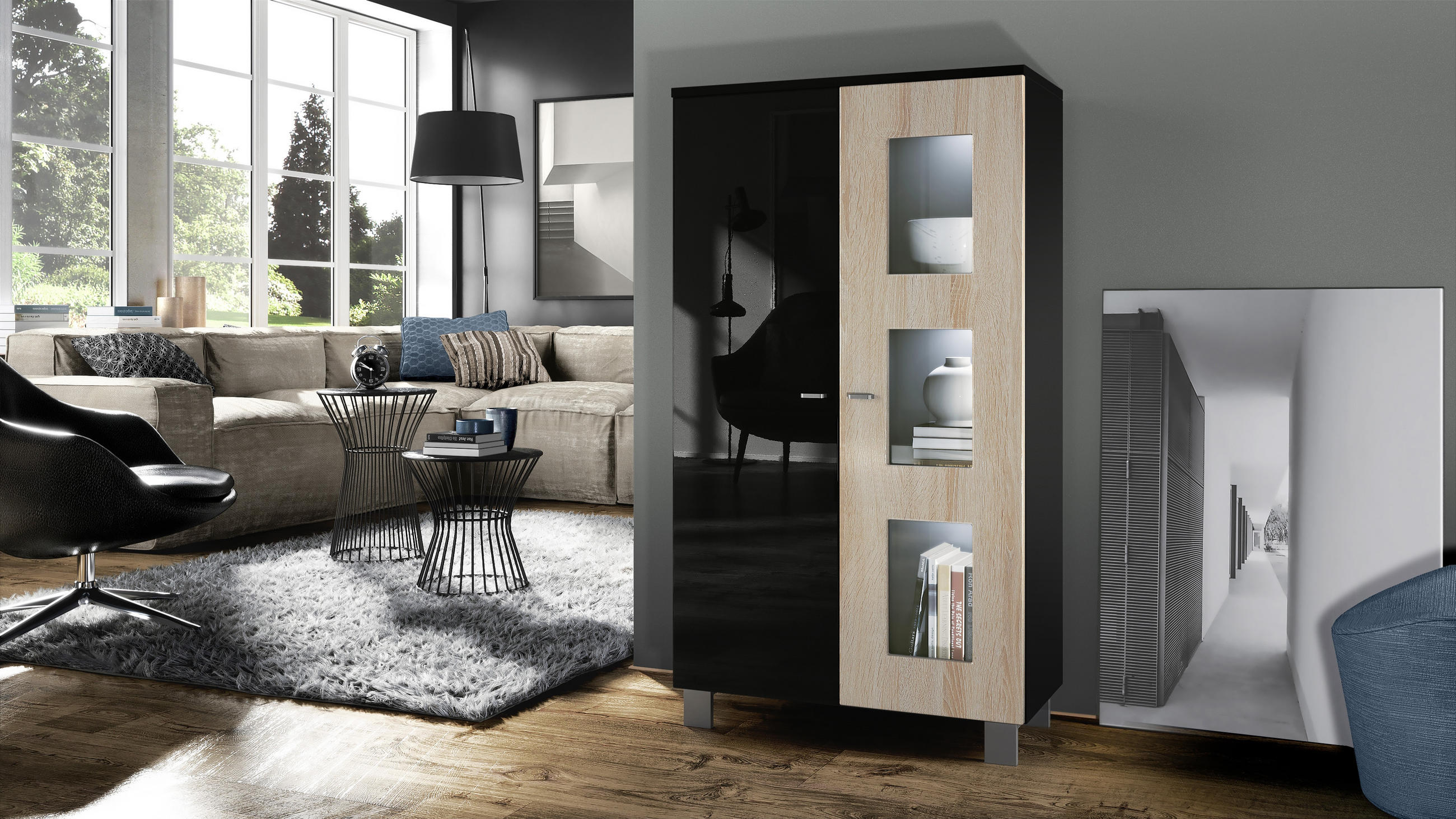 VITRINE Denjo Tür in Eiche sägerau - Eiche San Remo, Holzwerkstoff (71/129/35cm) - Vladon
