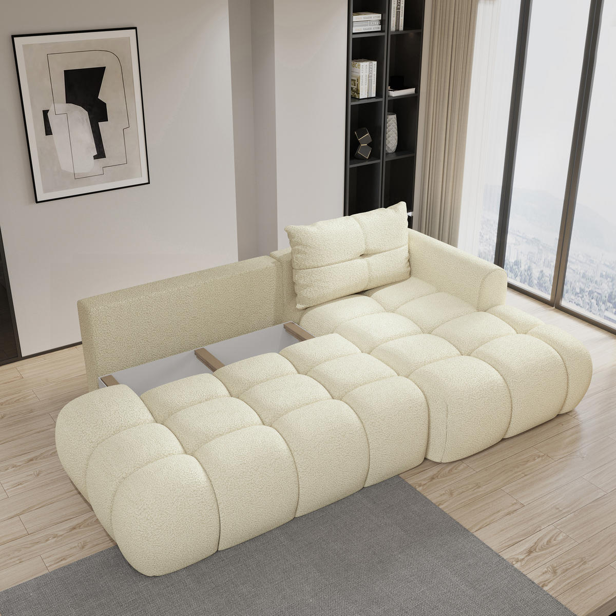 ECKSOFA FLUMA R-S Creme Boucle-Stoff mit Schlaffunktion - Creme, Holz (274/165cm) - MASSENO