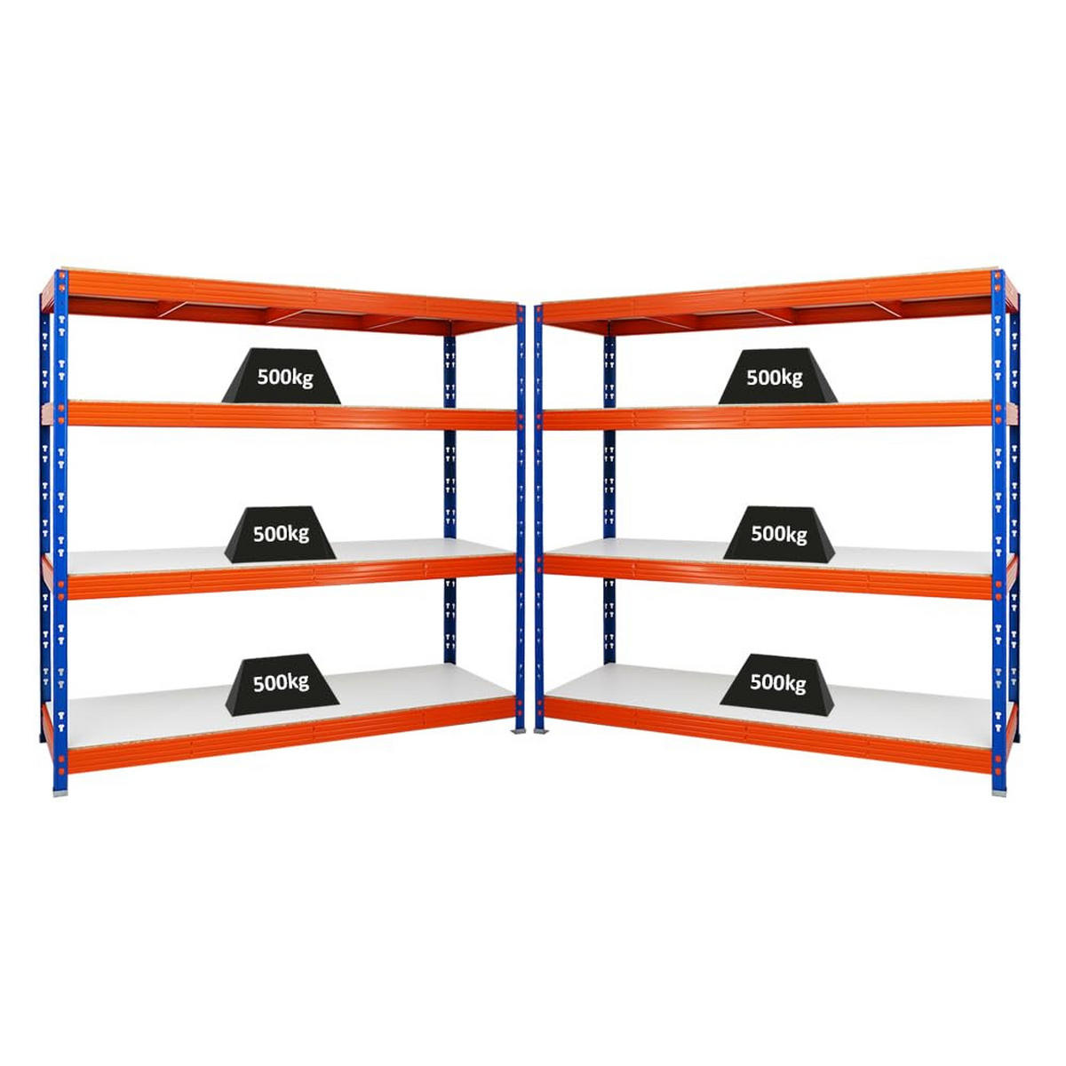 SCHWERLASTREGAL Rhino 2er-Set mit 2x 180x200x60 cm 4 Melamin-Ebenen 16mm Fachlast 500 kg Blau-Orange - Orange, Metall (400/180/60cm) - PROREGAL