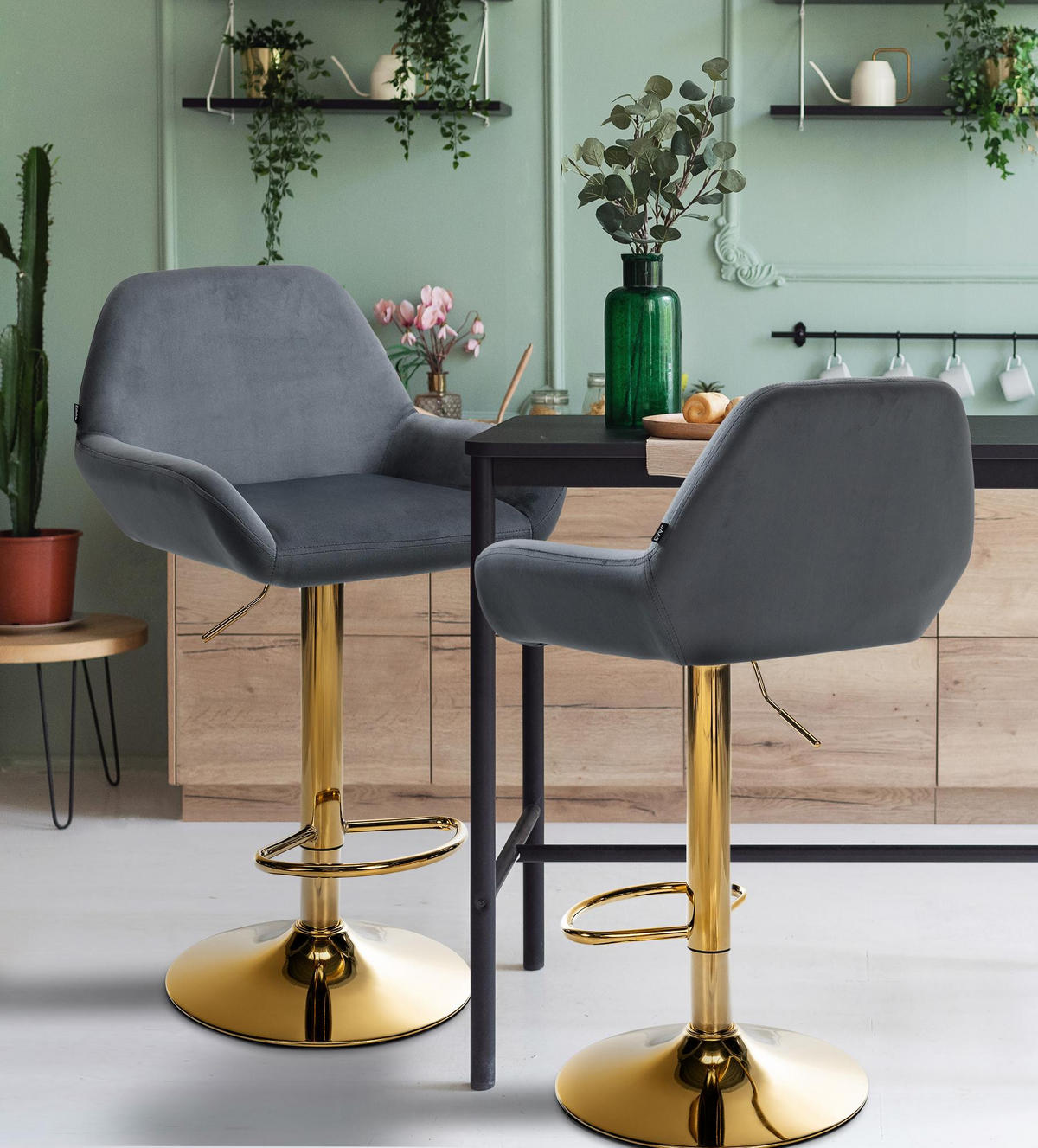 BARHOCKER Samt dunkelgrau - Dunkelgrau/Goldfarben, Textil/Metall (51/89/52cm) - CLP
