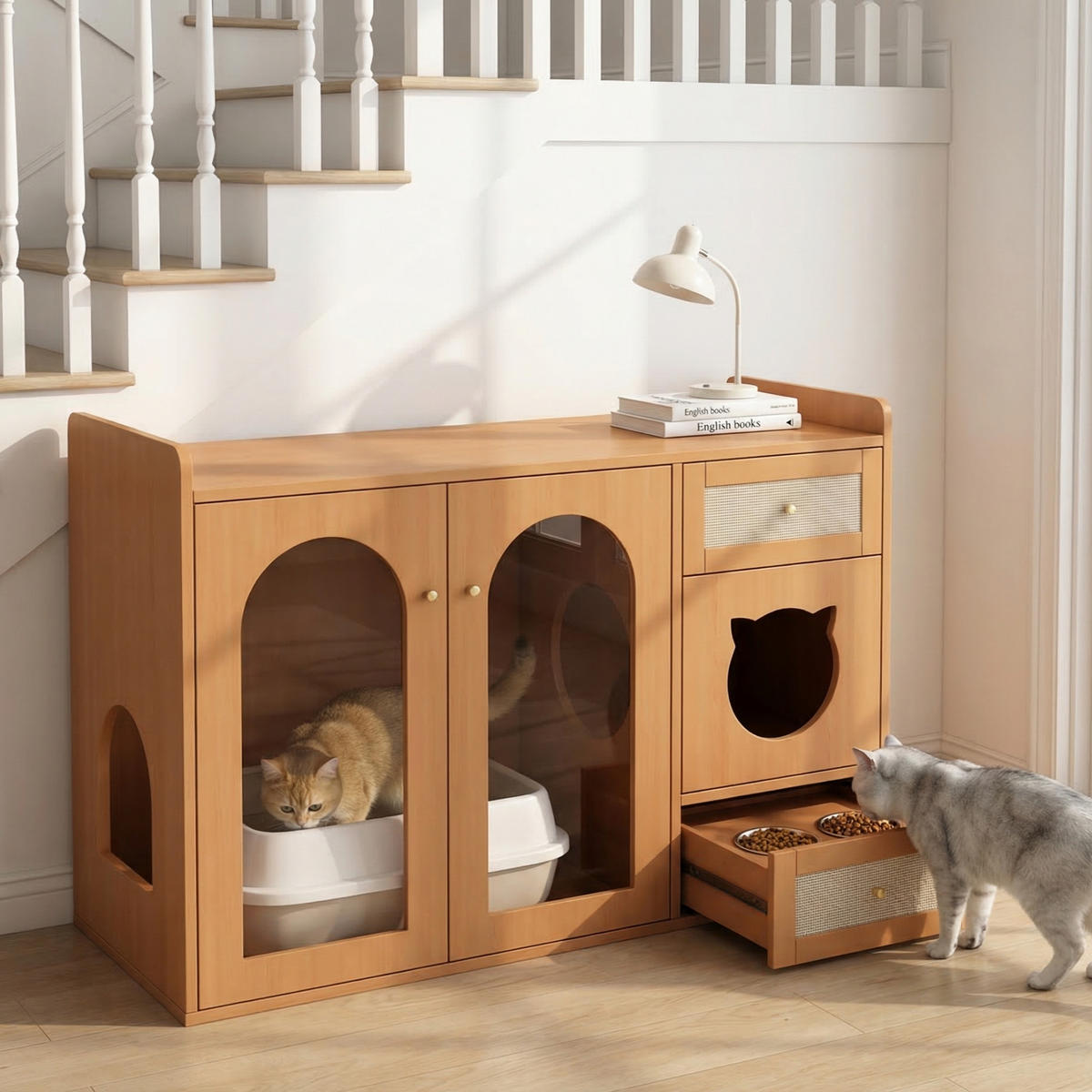 SIDEBOARD 5-in-1 Multifunktions Katzenkloschrank mit Stauraum und Ruhezone, MDF Holzoptik Einheitsgröße - Transparent/Nussbaumfarben, Glas/Holzwerkstoff (120/83/45cm) - EVRYAE