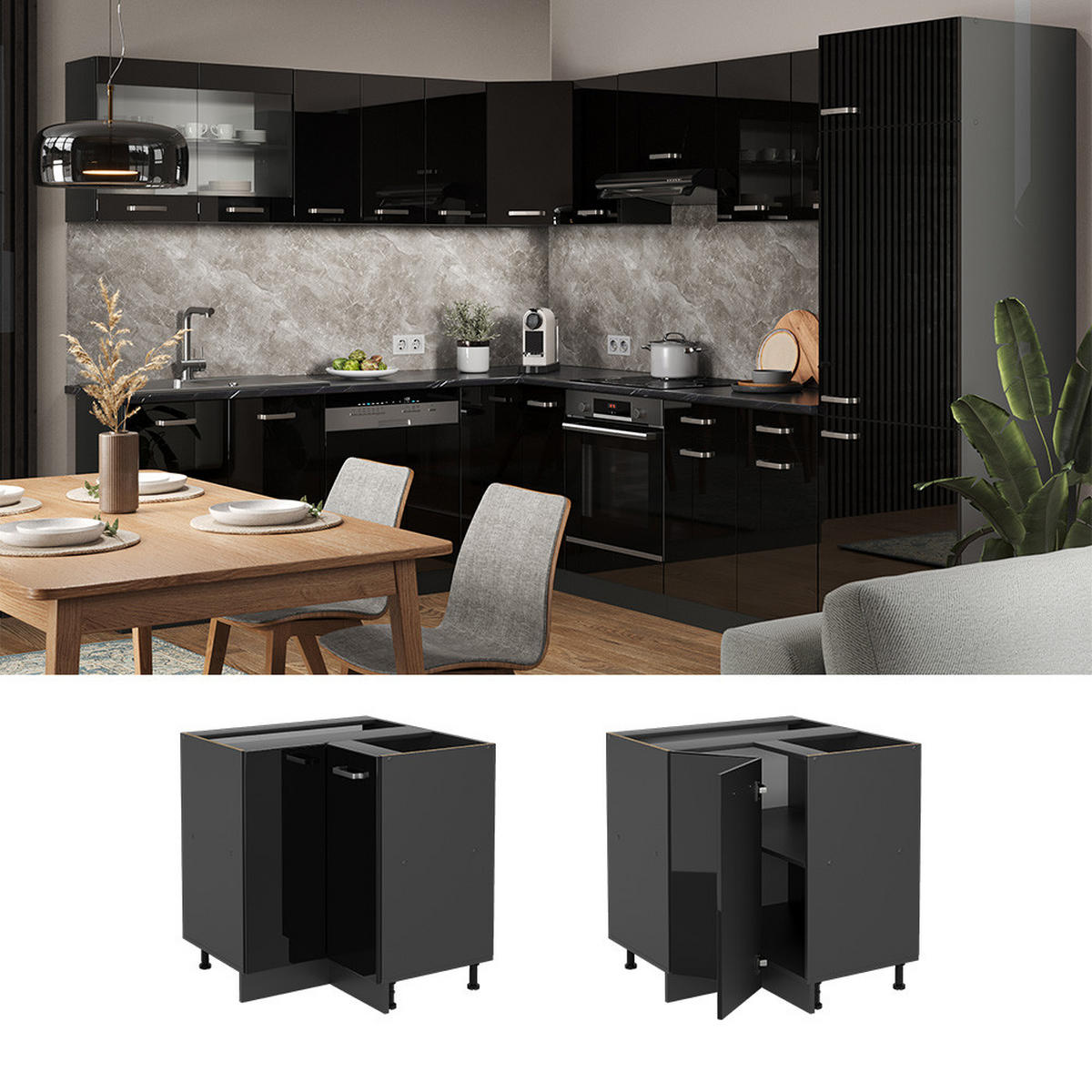 ECKUNTERSCHRANK R-Line Schwarz Hochglanz 75.6 cm AP Marmor - Schwarz Hochglanz/Anthrazit, Holzwerkstoff (75.6/81.6/60cm) - Vicco