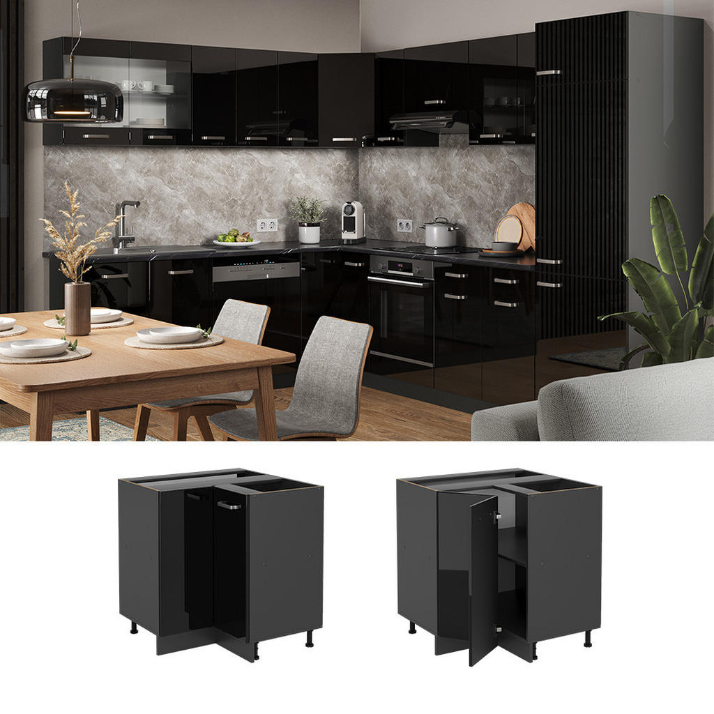 Thumbnail - Vicco Eckunterschrank, Schwarz Hochglanz, Anthrazit, Holzwerkstoff, 2 Fächer, Formgebogen, 75.6x81.6x60 cm, Küchen, Küch...