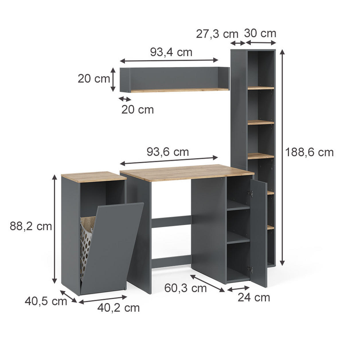 BADMÖBEL-SET Viktor, Anthrazit/Goldkraft Eiche, 4 Teile - Honigeiche/Anthrazit, Holzwerkstoff (93.4/20/20cm) - Vicco