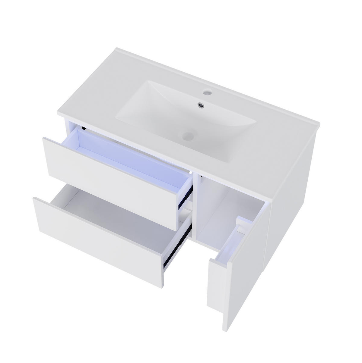 WASCHTISCHUNTERSCHRANK 91x46.5x50.5 cm Weiß aus Keramik & Spanplatte mit Radarsensor-LED & 2 Schubladen - Weiß, Holzwerkstoff (91/50.5/46.5cm) - Modfu