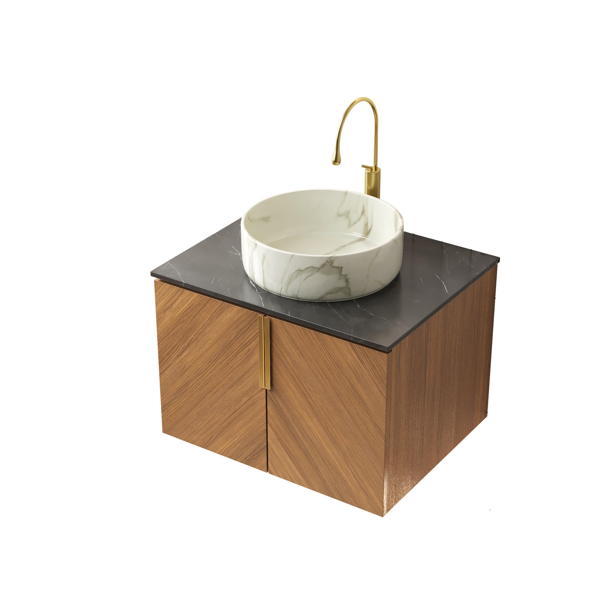 WASCHTISCH aus Keramik und Sinterstein 61x50x53,1 cm Schwarz/Braun-Eiche mit Stauraum und Soft-Close - Schwarz, Keramik (61/53.1/50cm) - Modfu