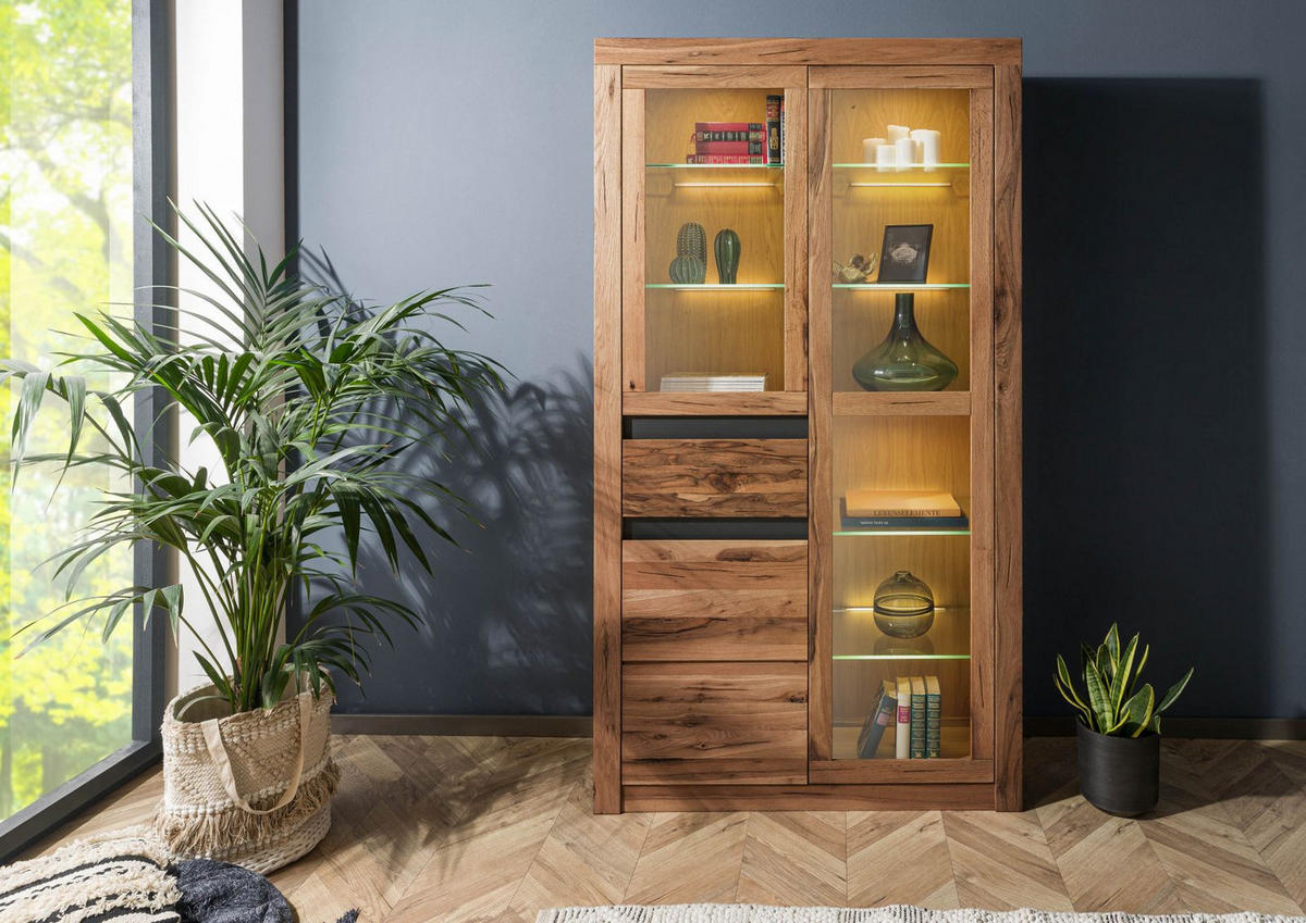 VITRINE Wild-/ Zerreiche 110x42x200 tabacco brown geölt MONTREUX #318 - Braun, Holz (110/200/42cm) - Massivmoebel24