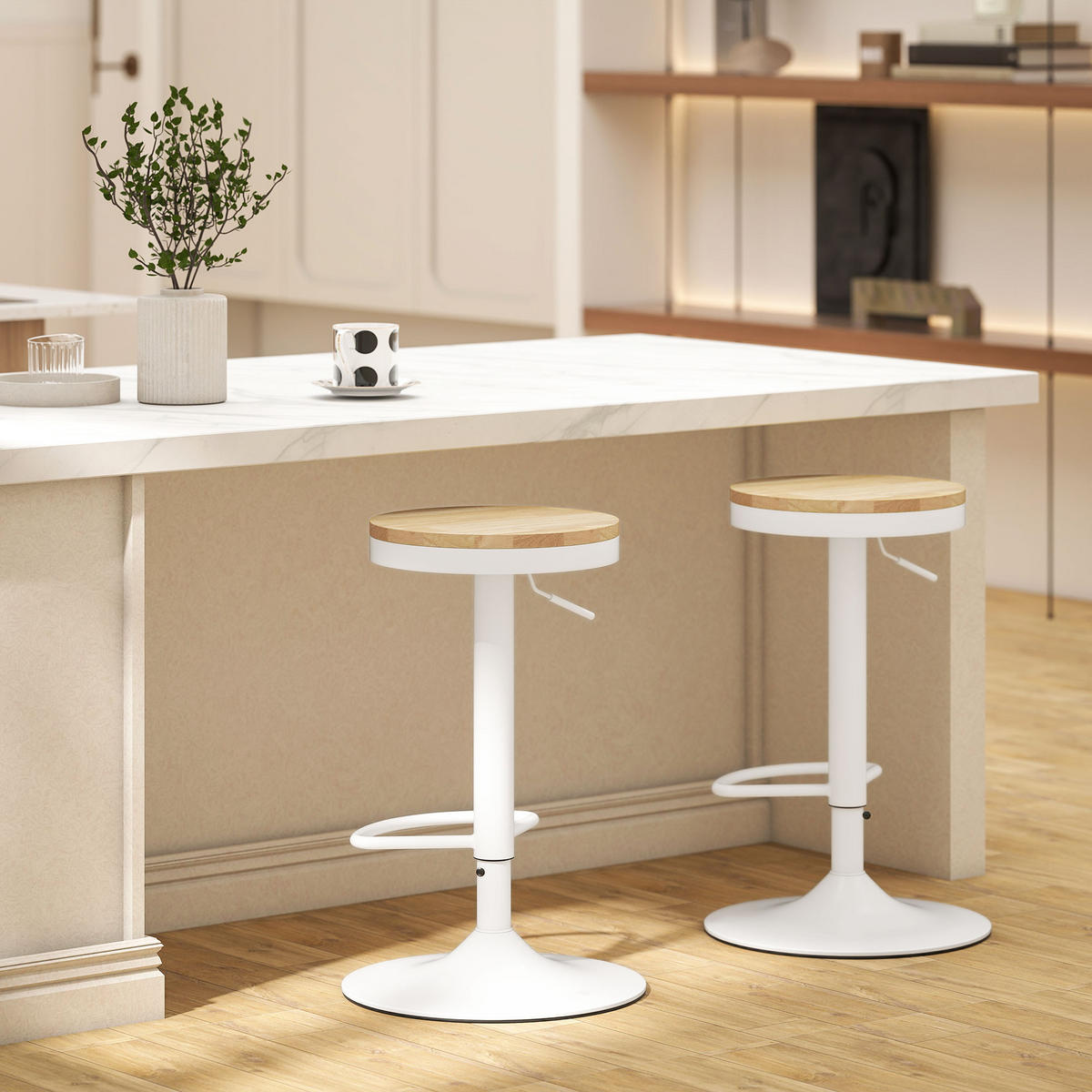 BARHOCKER 2er-Set DE-08040 höhenverstellbar, 360° drehbar Weiß - Naturfarben/Weiß, Holzwerkstoff (38.5/80/38.5cm) - ComfortXL