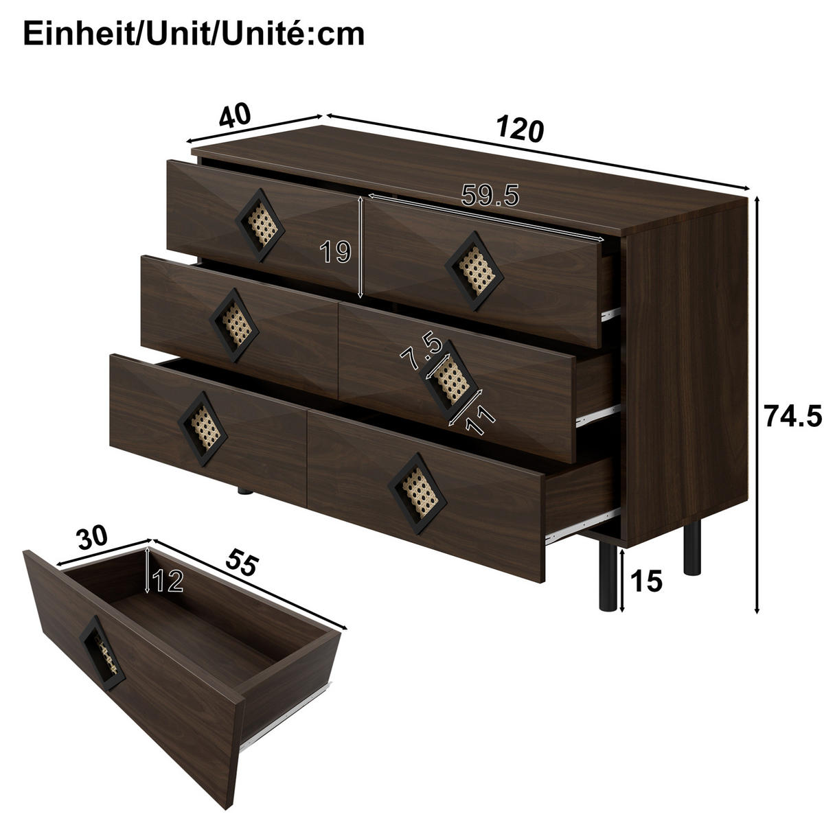KOMMODE, 6 Schubladen, mit Rattan-Griffen und Metallbeinen – geräumig & modern, 120x40x74 cm, Walnussfarben - Naturfarben, Holzwerkstoff (40/74/120cm) - Modfu