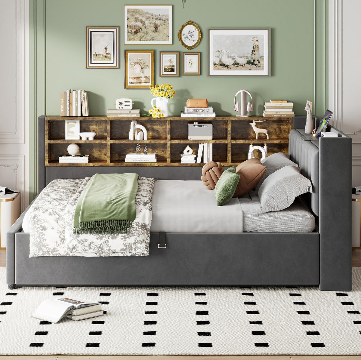 POLSTERBETT 140/200 cm aus Samtstoff mit Stauraum USB und Typ-C Dunkelgrau - Grau, Textil (140/200cm) - Modenvie