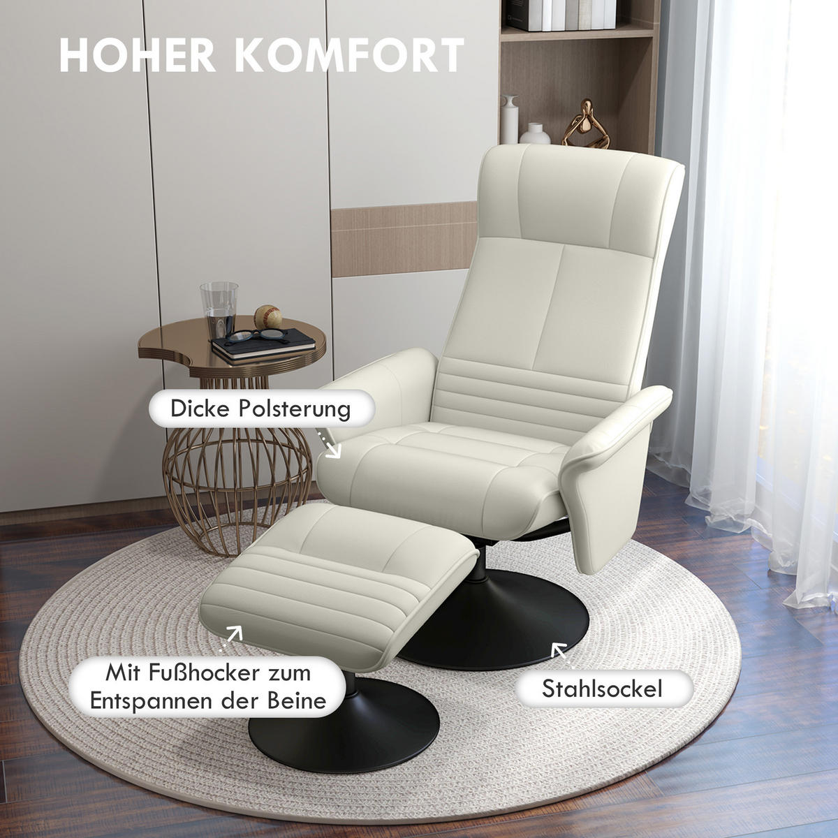 RELAXSESSEL mit Hocker Drehbarer Fernsehsessel mit Liegefunktion Mikrofasertuch - Creme/Schwarz, Textil/Metall (71/104/69cm) - HOMCOM