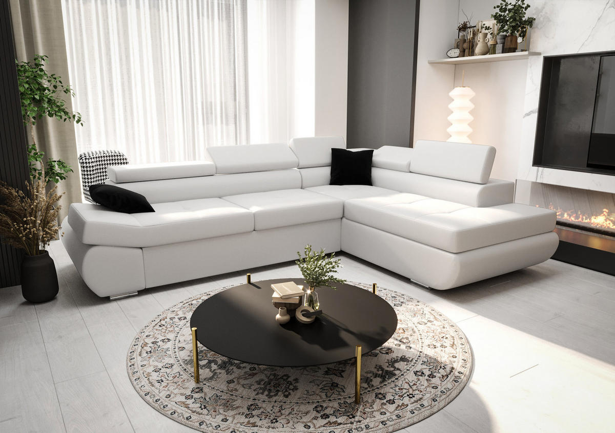 ECKSOFA KONGO RBN03, Eckcouch in L-Form mit Schlaffunktion, Farbe: Weiß, Kunstleder, Ottomane Rechts - Weiß, Textil (280/200cm) - O-Sofa