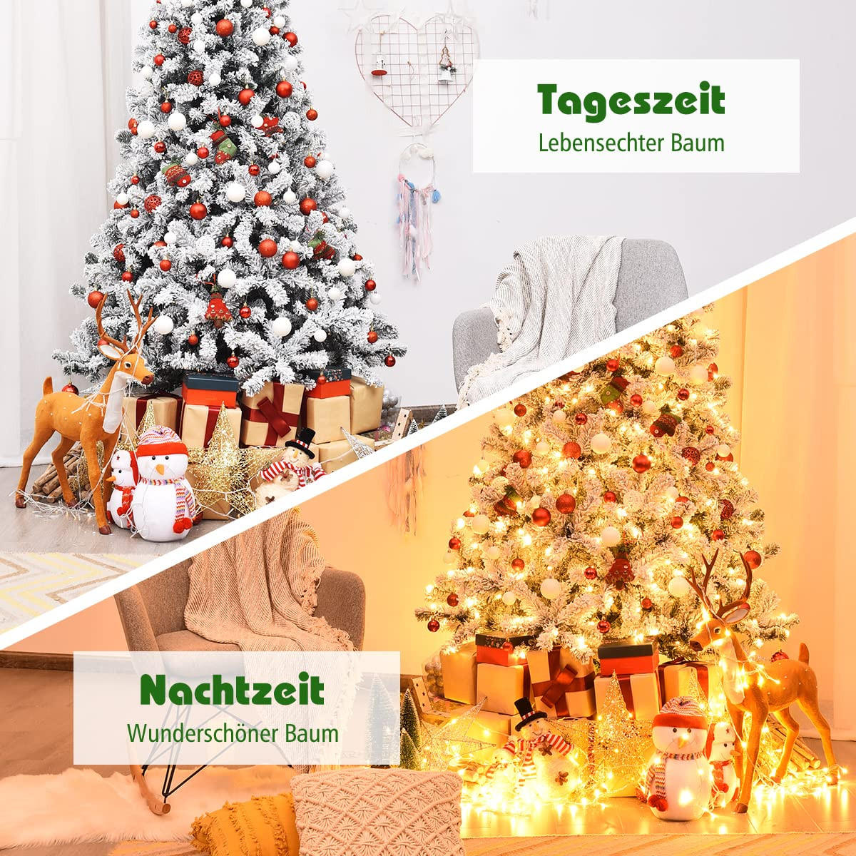WEIHNACHTSBAUM mit Schnee und warmweissen LED-Lichtern 225cm Weiß - Weiß, Metall (225cm) - COSTWAY