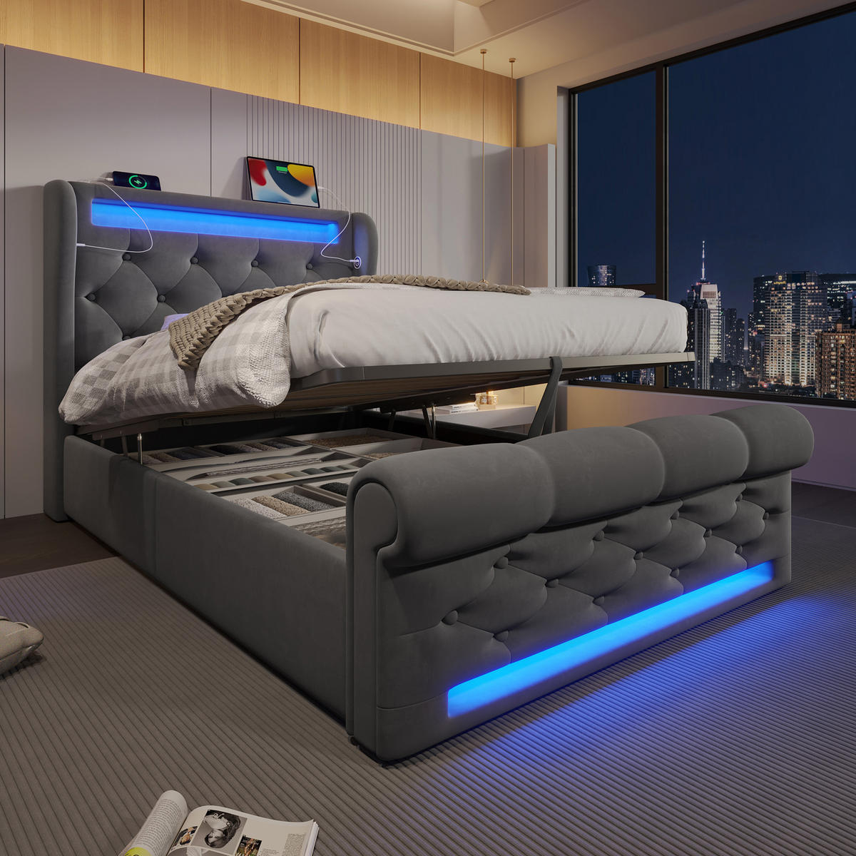 POLSTERBETT 90x200cm Einzelbett LED USB-C & Hydraulik Grau Samt - Grau, Holz (90/200cm) - FLIEKS