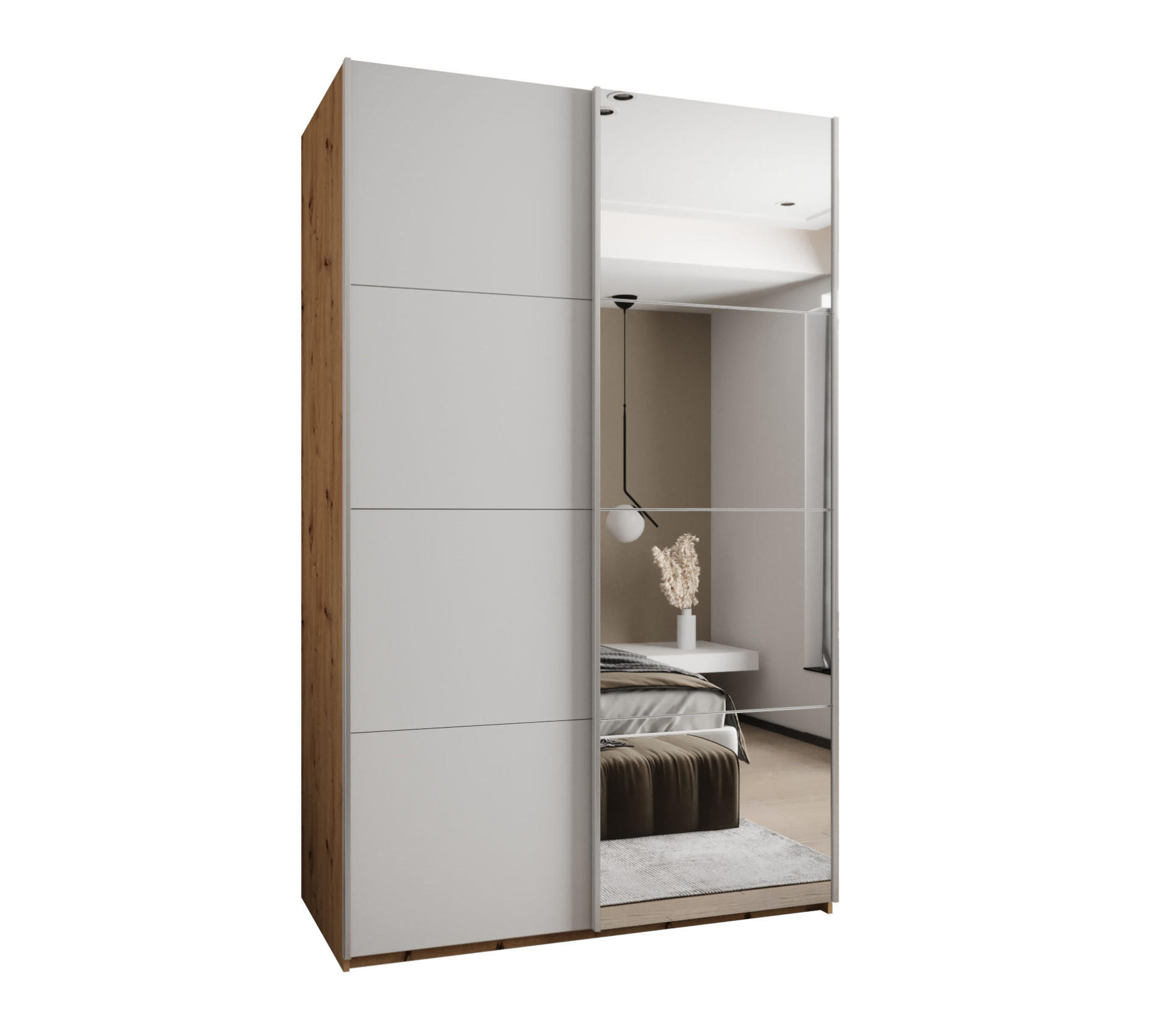Abiks Möbel Schwebetürenschrank Eiche Artisan, Weiß, Silber 160x245x64 cm